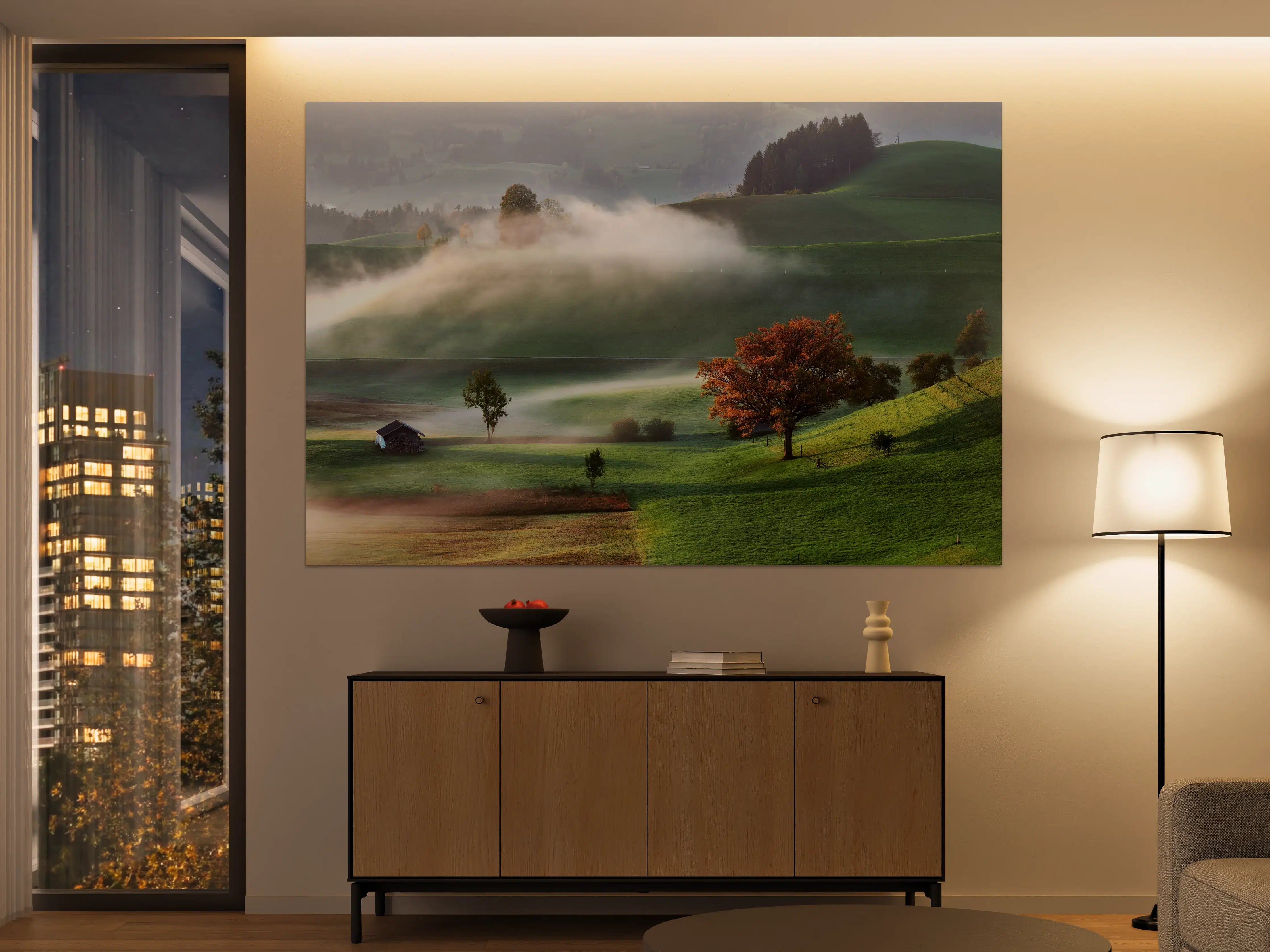 Große Wandbilder - Landschaft mit buntem Baum und Morgennebel