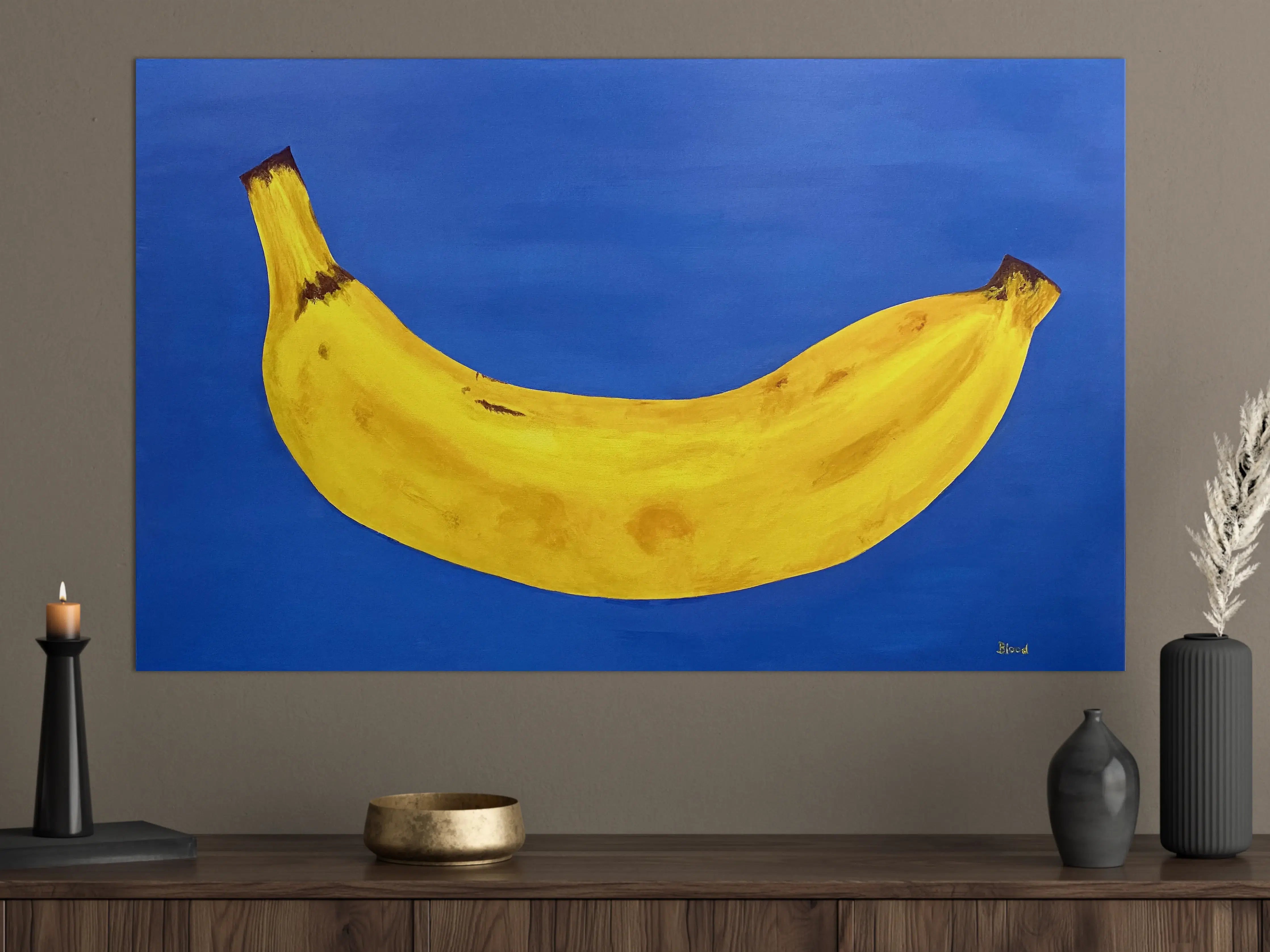 Große Wandbilder - Lebendige Bananenmalerei auf blauer Leinwand