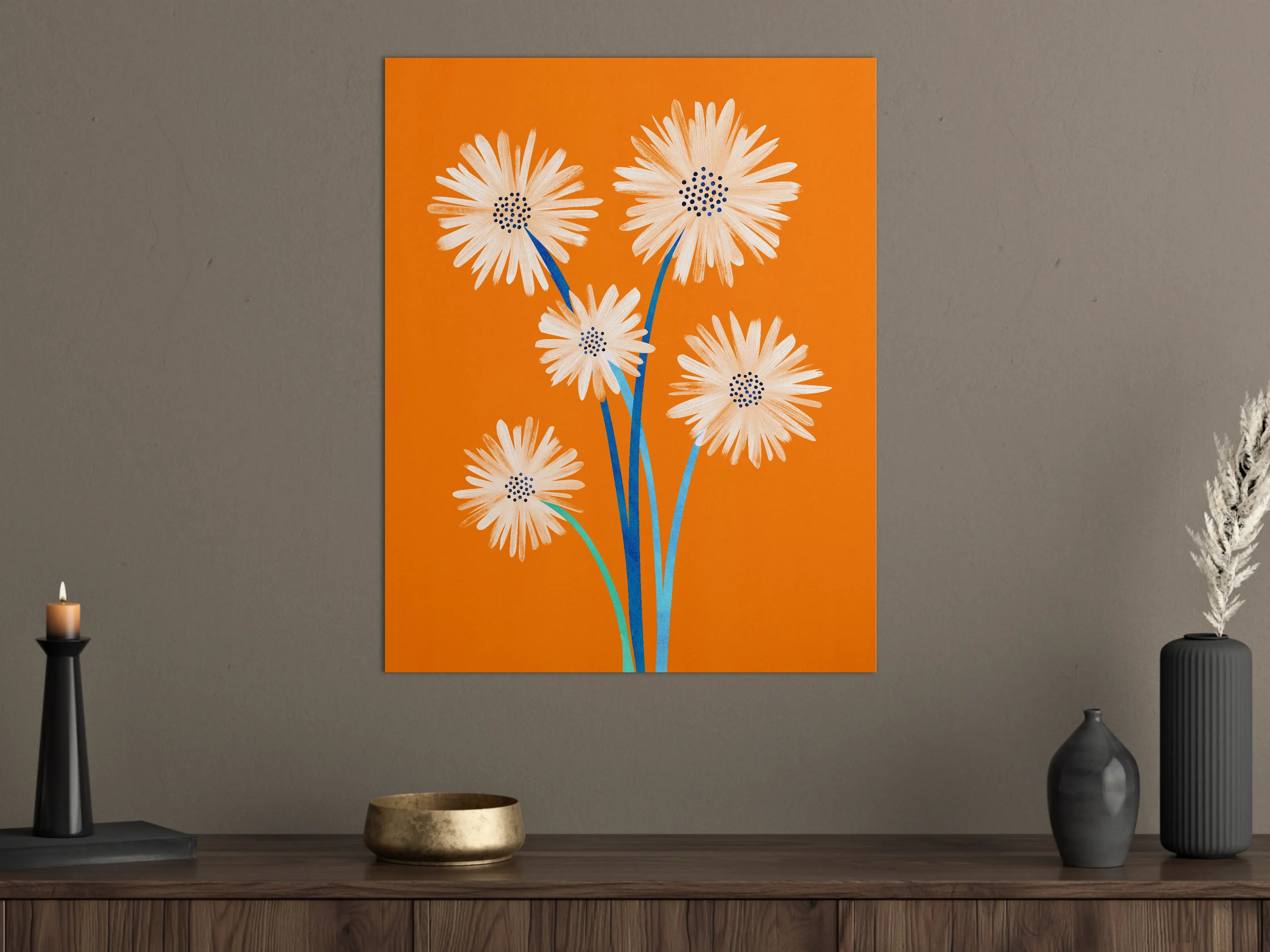 Große Wandbilder - Lebendige Blumenillustration auf orangehintergrund