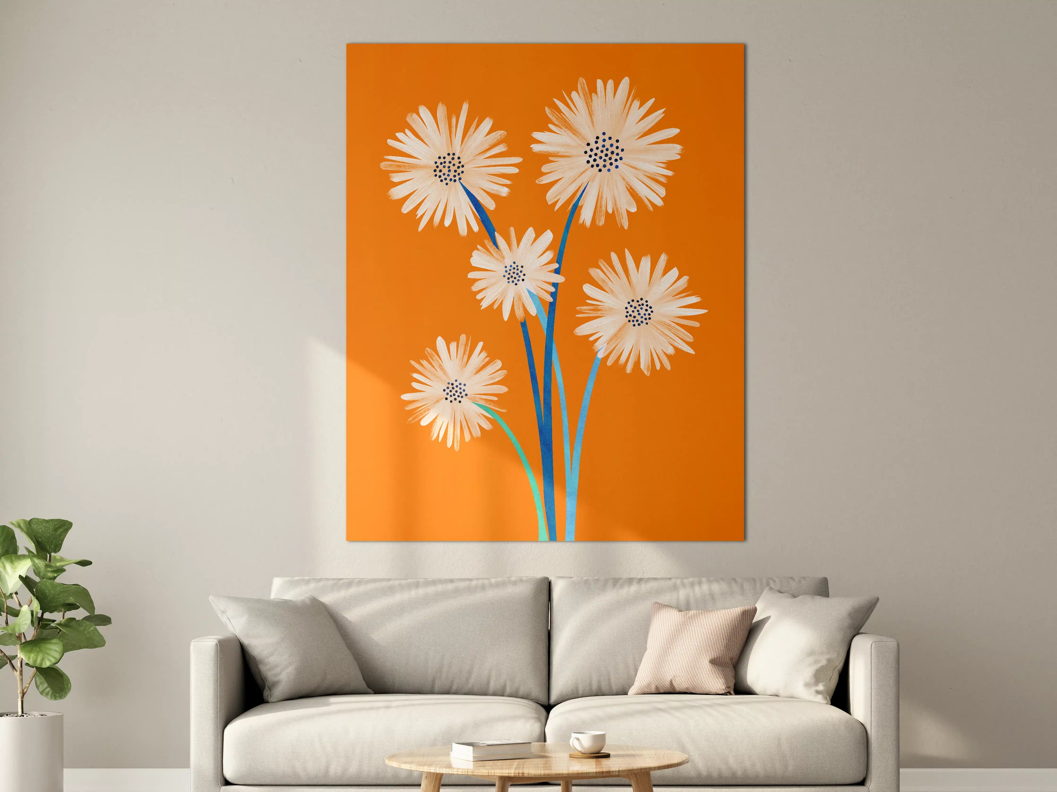 Große Wandbilder - Lebendige Blumenillustration auf orangehintergrund