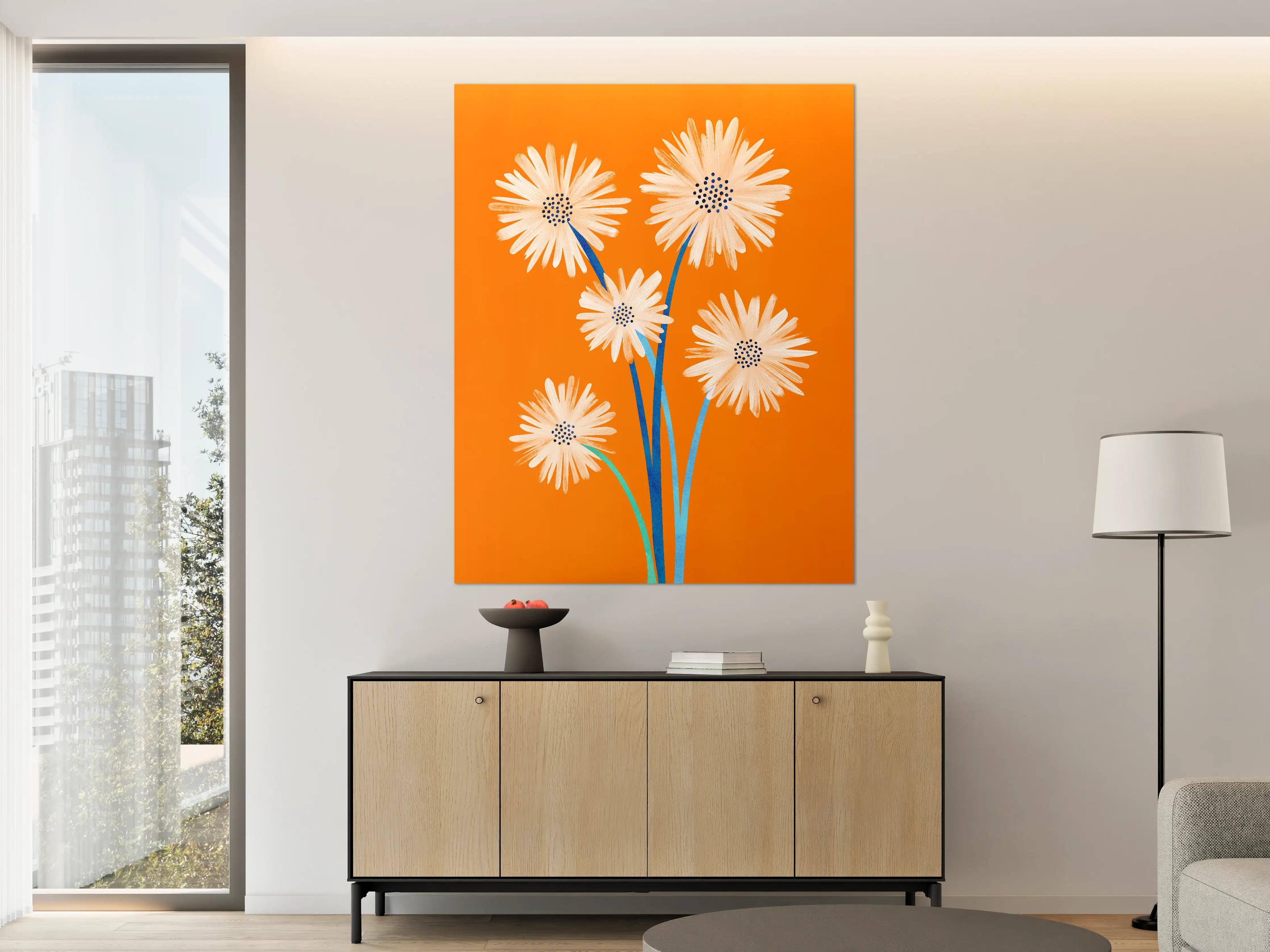 Große Wandbilder - Lebendige Blumenillustration auf orangehintergrund