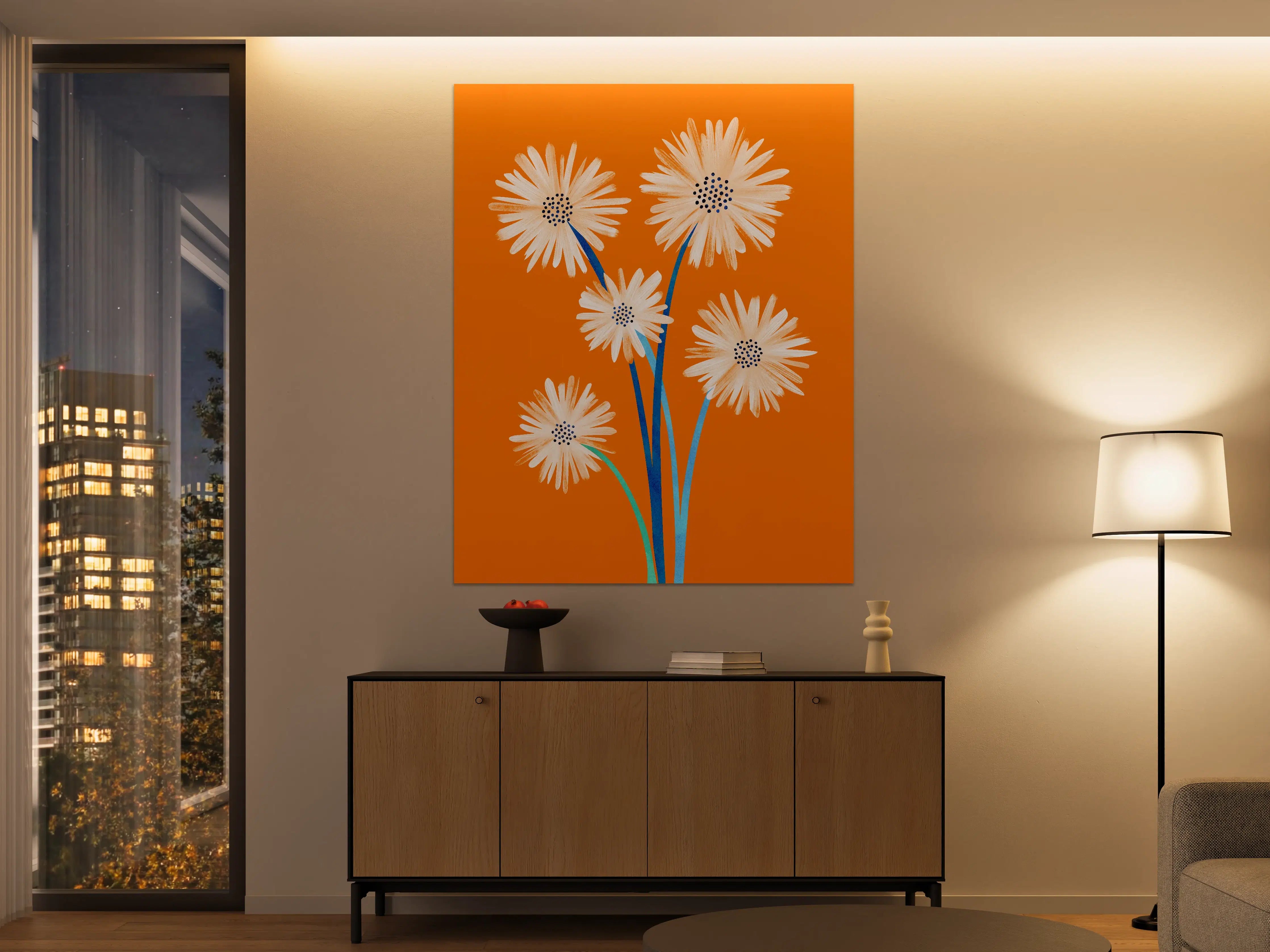 Große Wandbilder - Lebendige Blumenillustration auf orangehintergrund