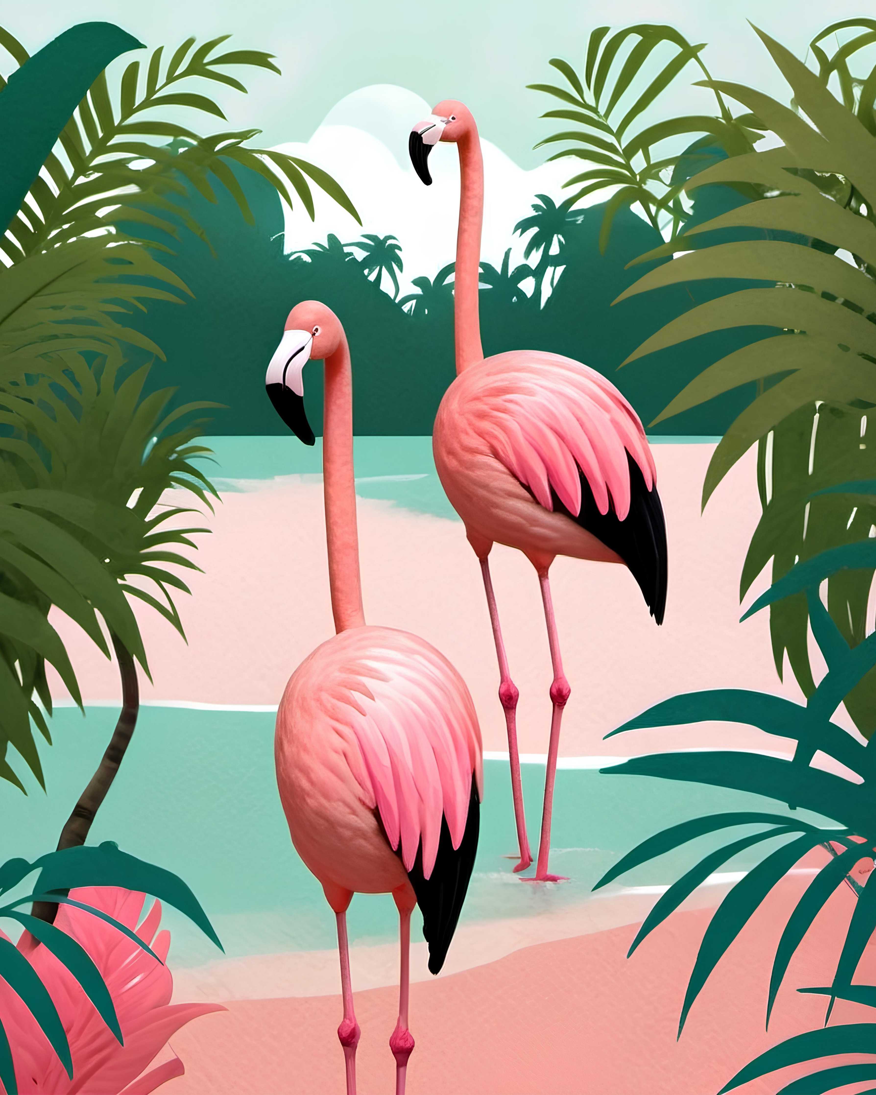 Große Wandbilder-Lebendige Flamingo-Szene vor Palmen