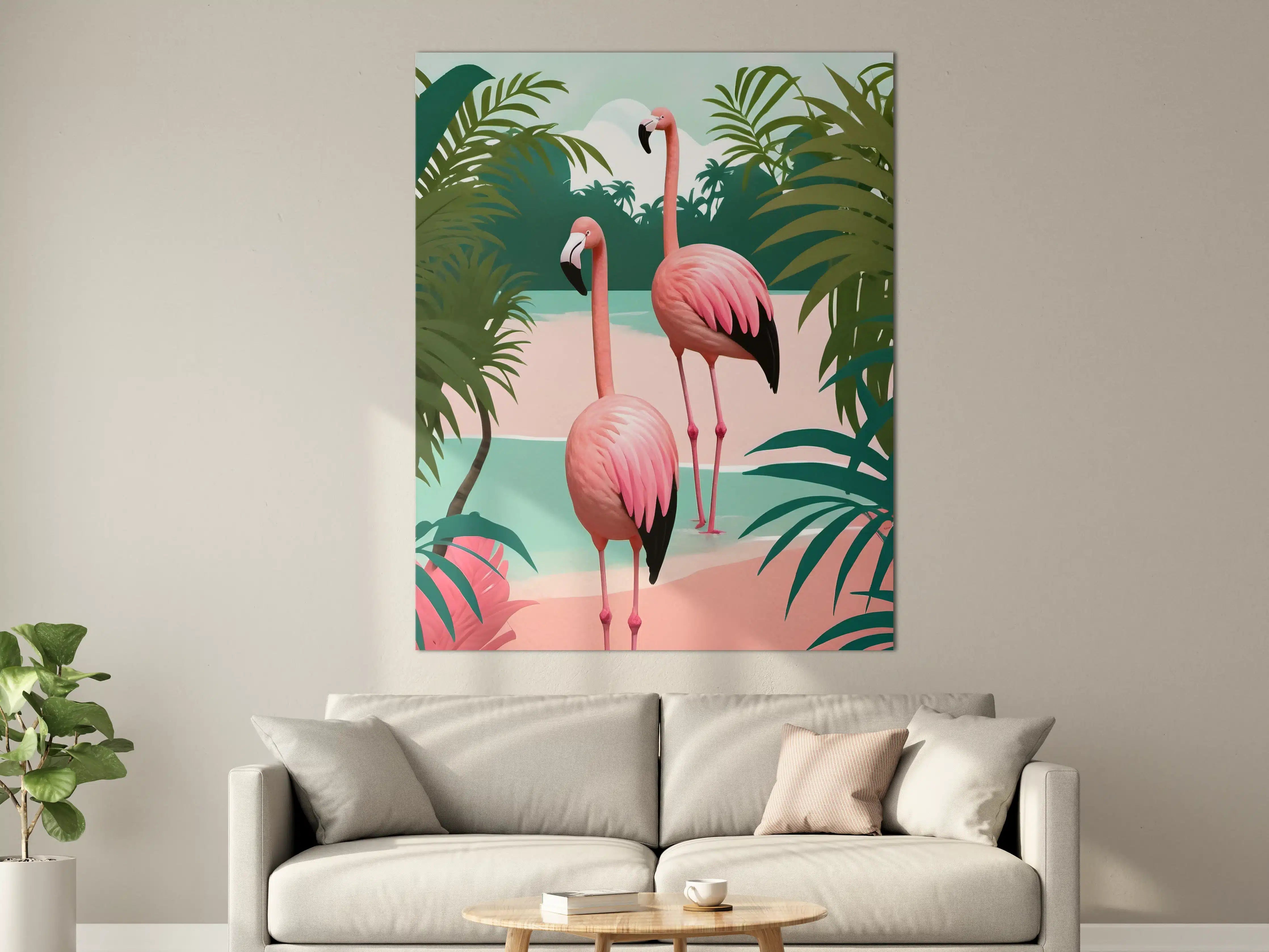 Große Wandbilder - Lebendige Flamingo-Szene vor Palmen