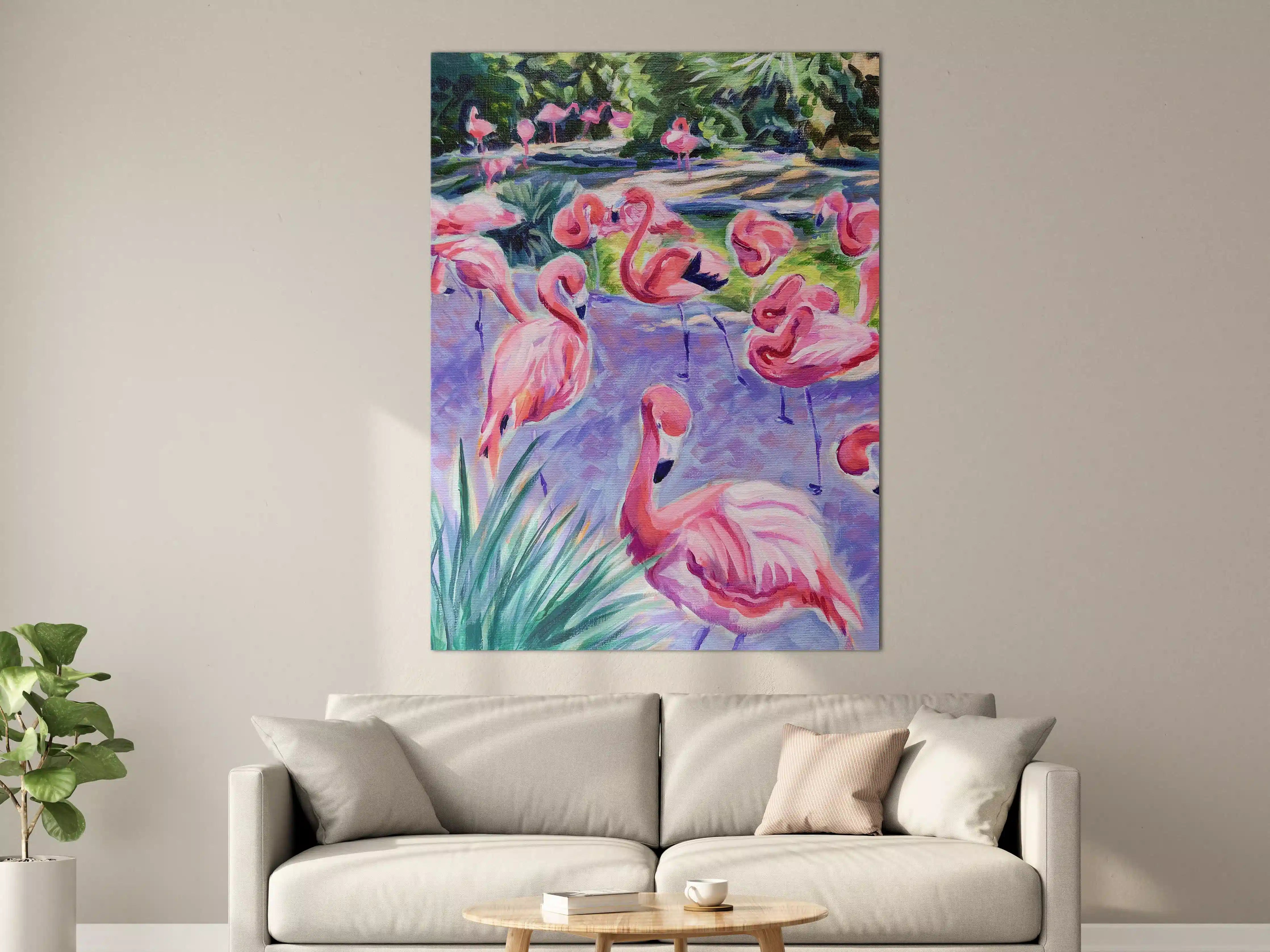 Große Wandbilder - Lebendige Flamingos im Wasser