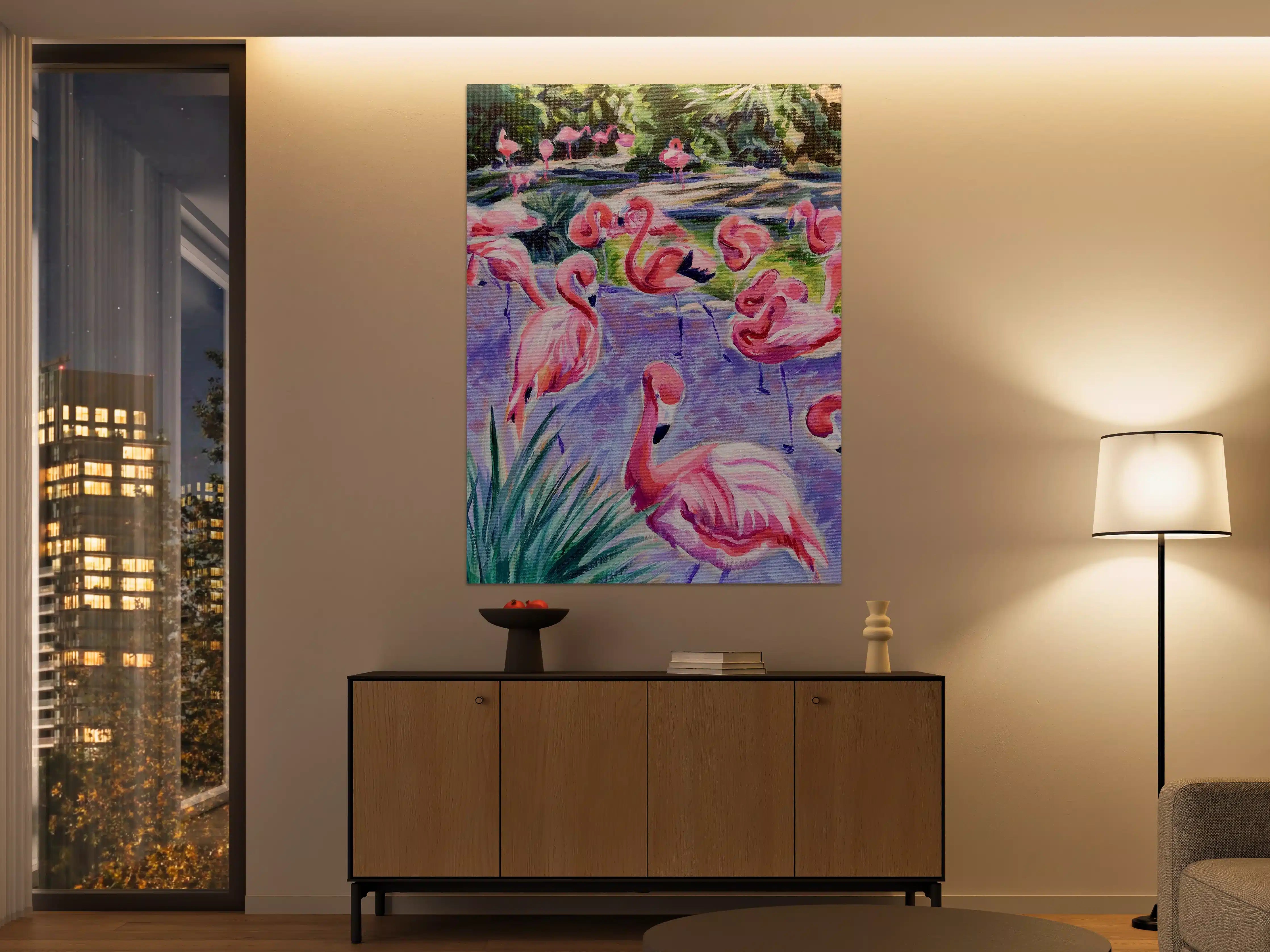 Große Wandbilder - Lebendige Flamingos im Wasser