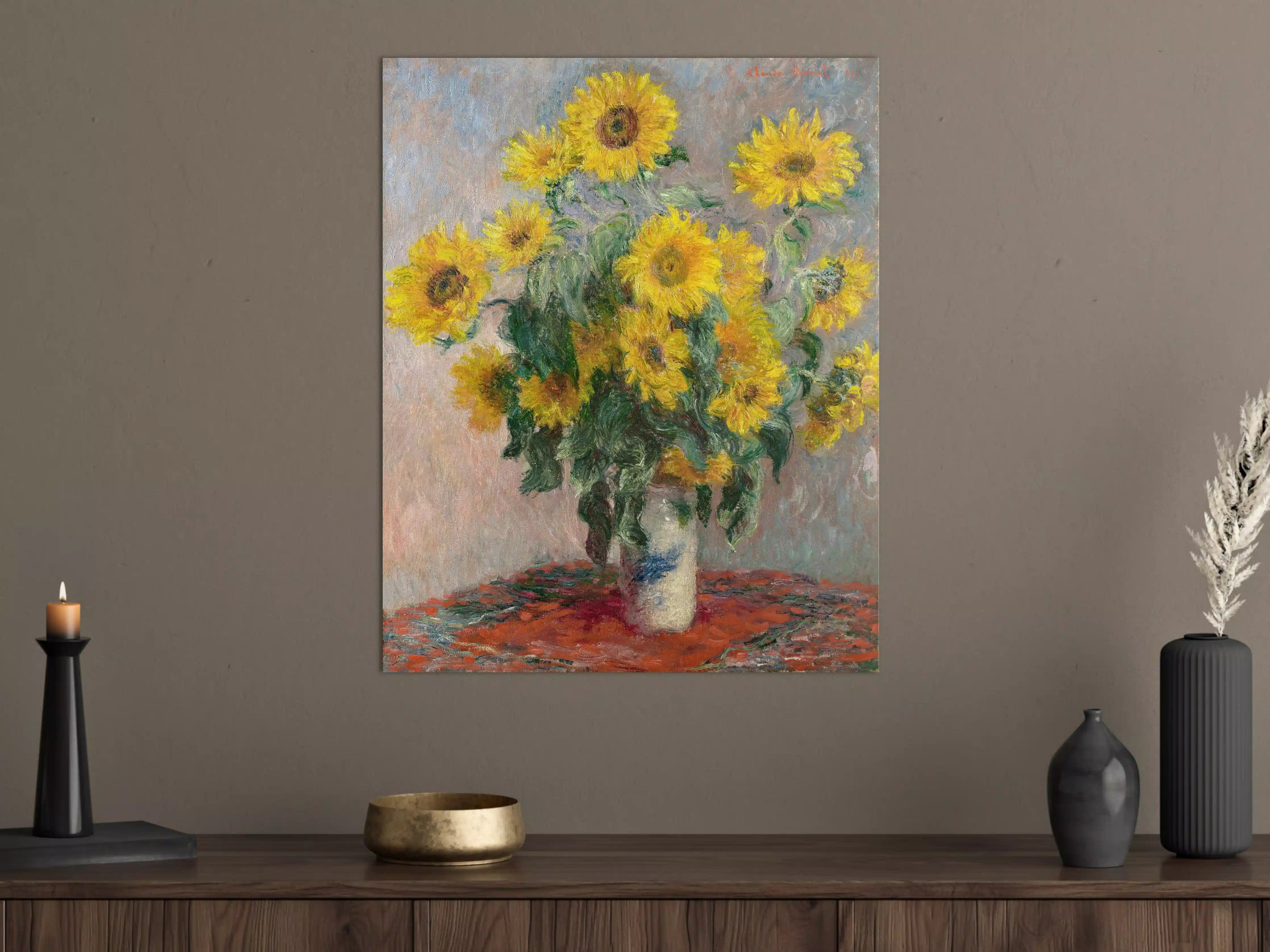 Große Wandbilder - Lebendige Sonnenblumen im Keramikväschen