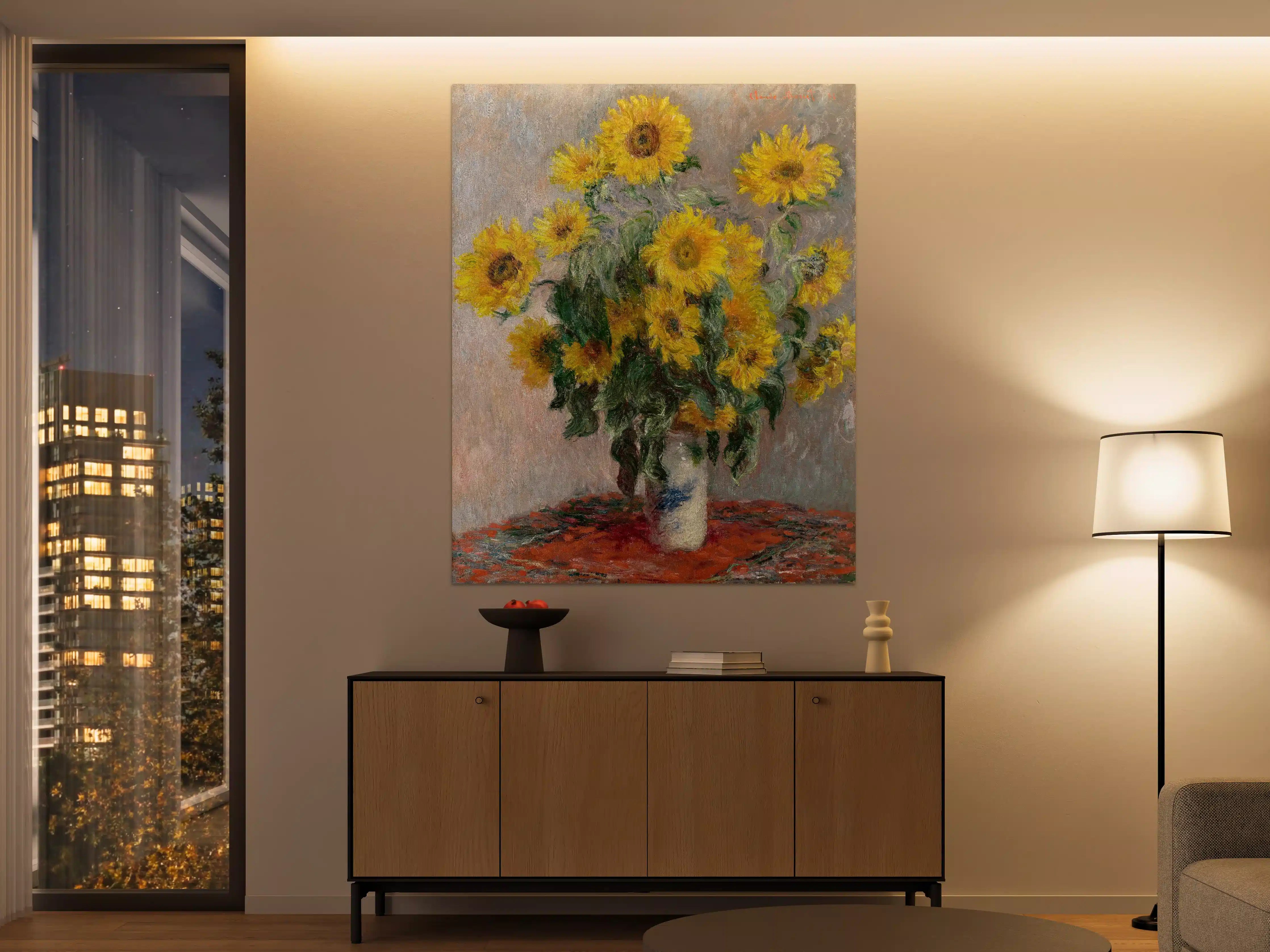 Große Wandbilder - Lebendige Sonnenblumen im Keramikväschen