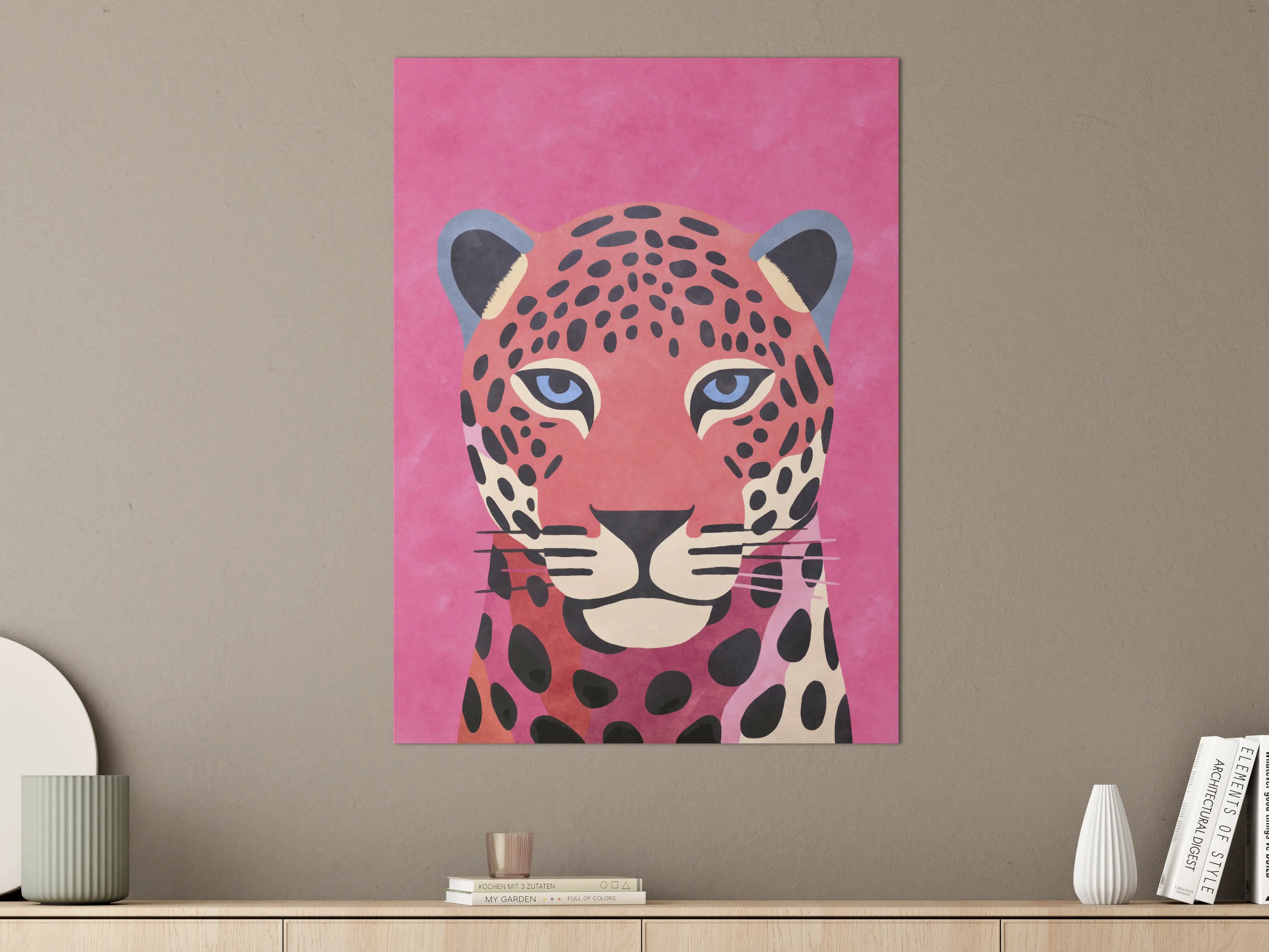 Große Wandbilder - Lebendiges Leopardenportrait auf Pinkem Hintergrund