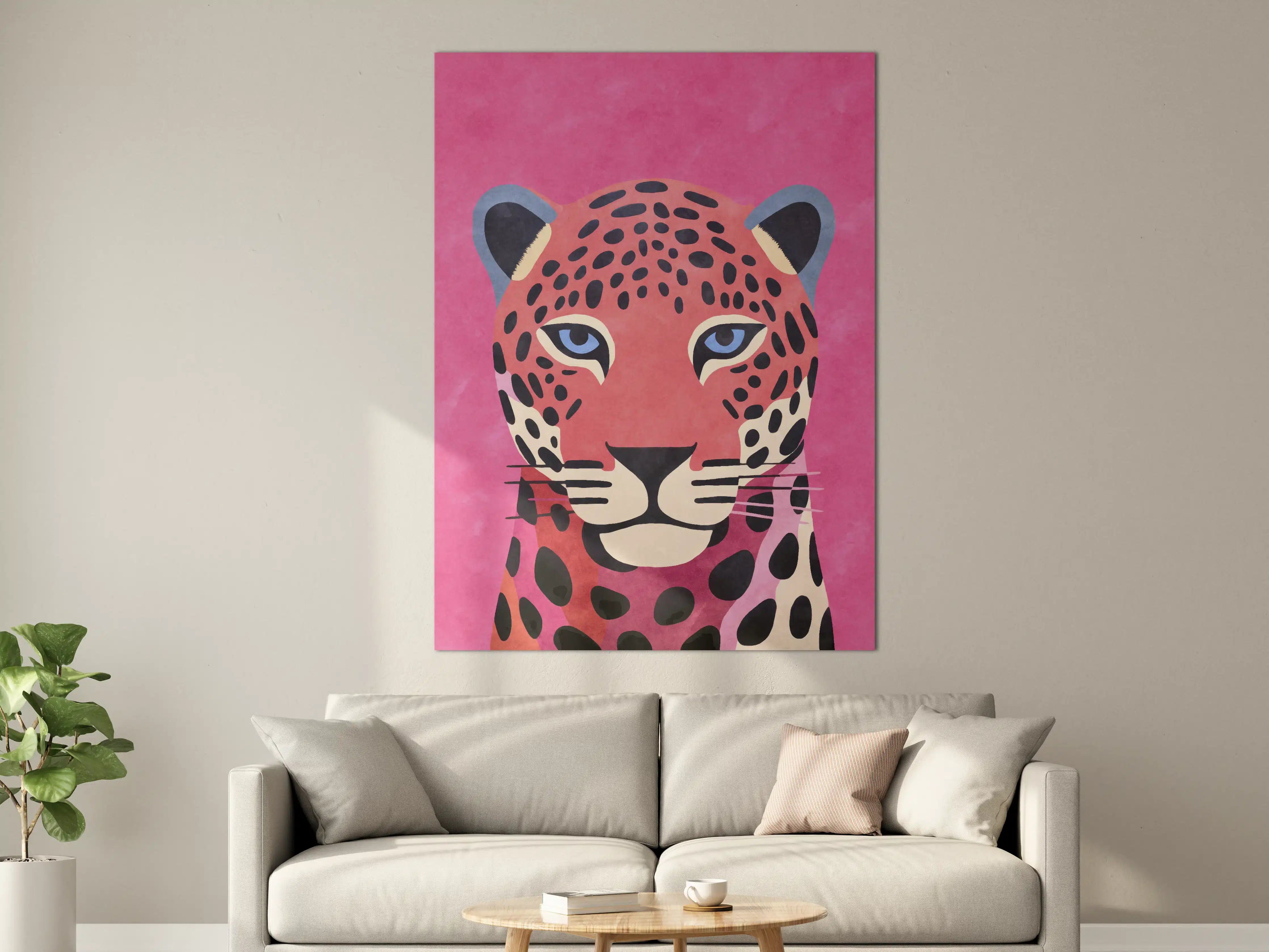 Große Wandbilder - Lebendiges Leopardenportrait auf Pinkem Hintergrund
