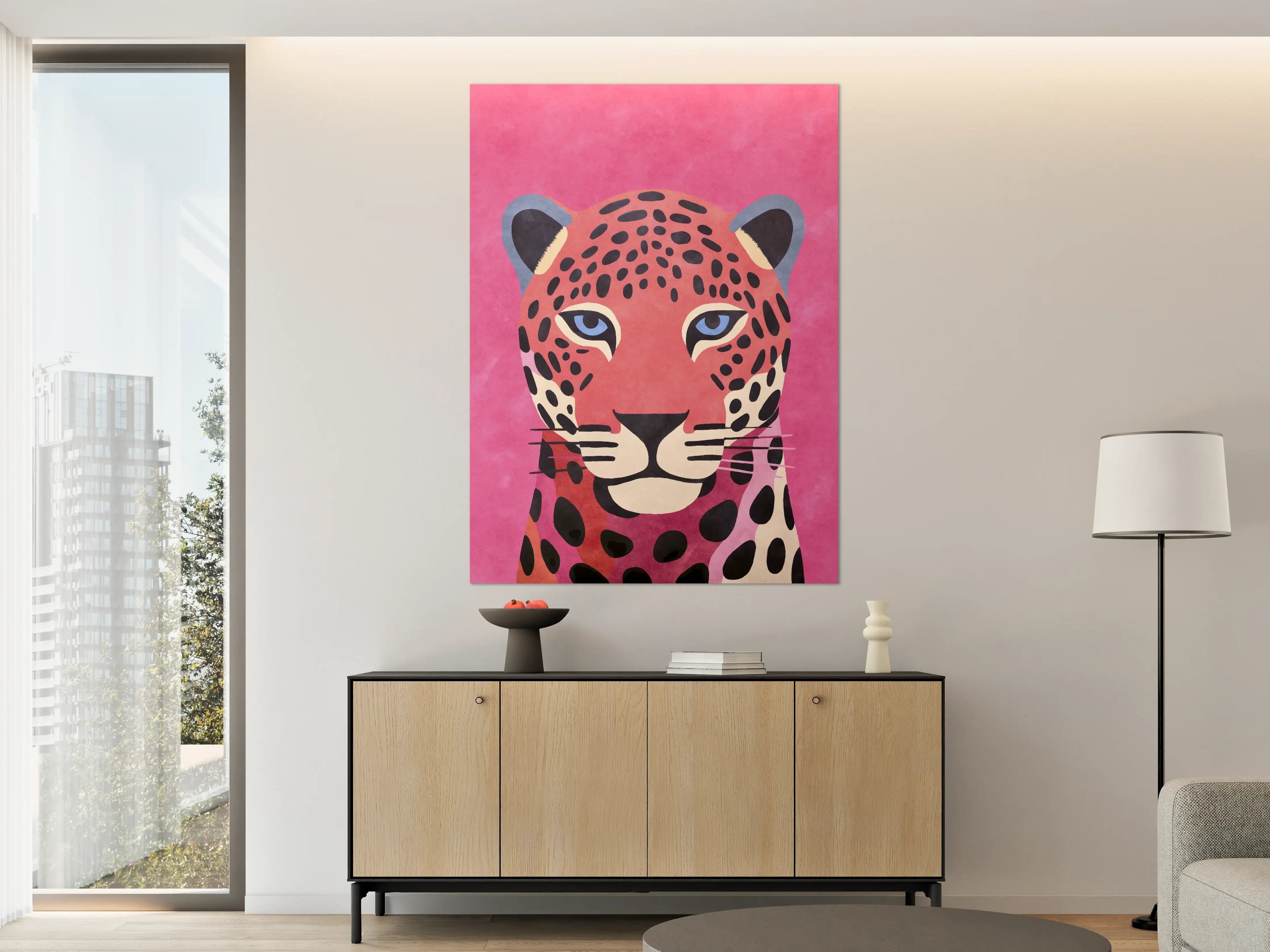 Große Wandbilder - Lebendiges Leopardenportrait auf Pinkem Hintergrund