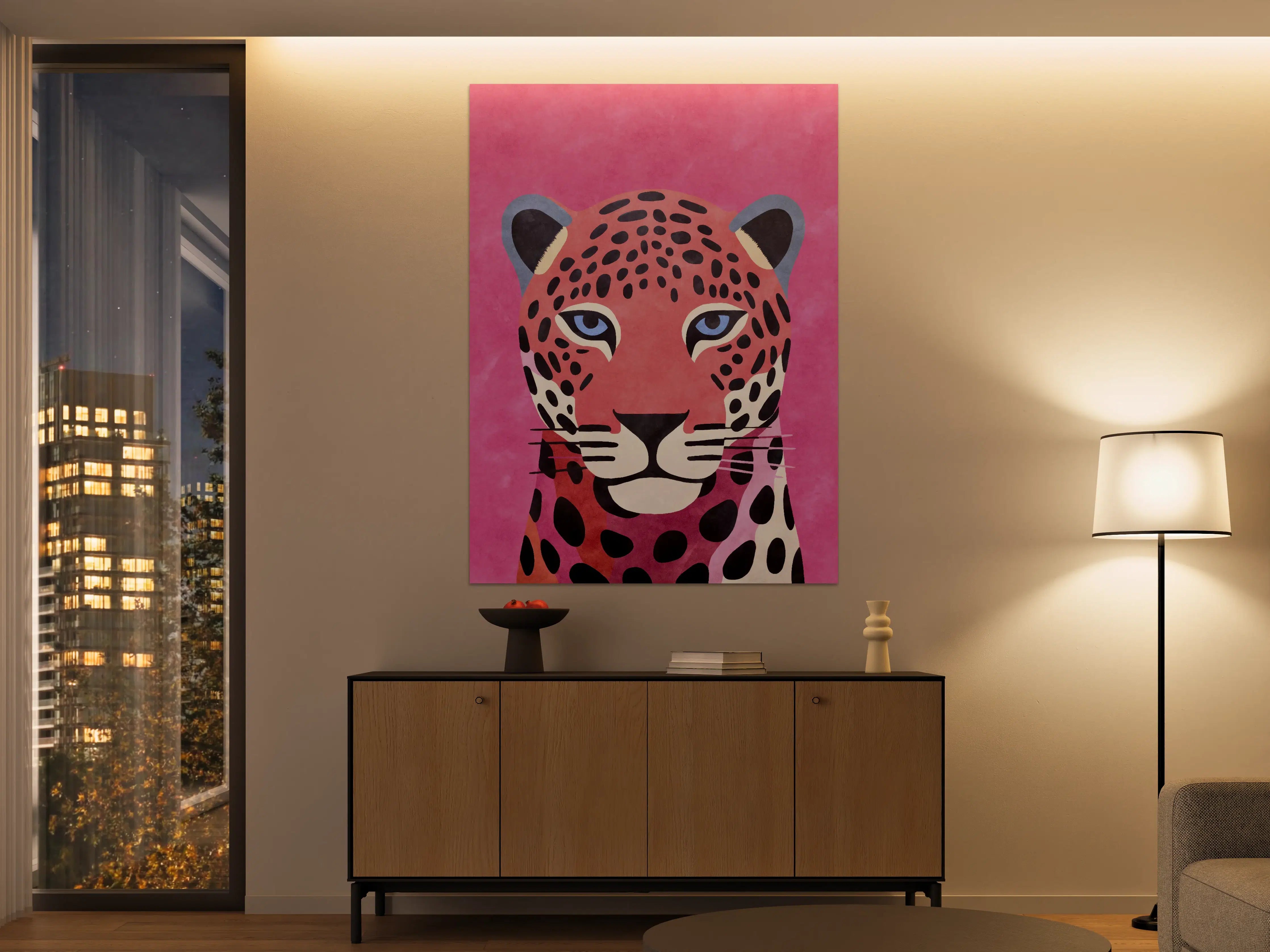 Große Wandbilder - Lebendiges Leopardenportrait auf Pinkem Hintergrund