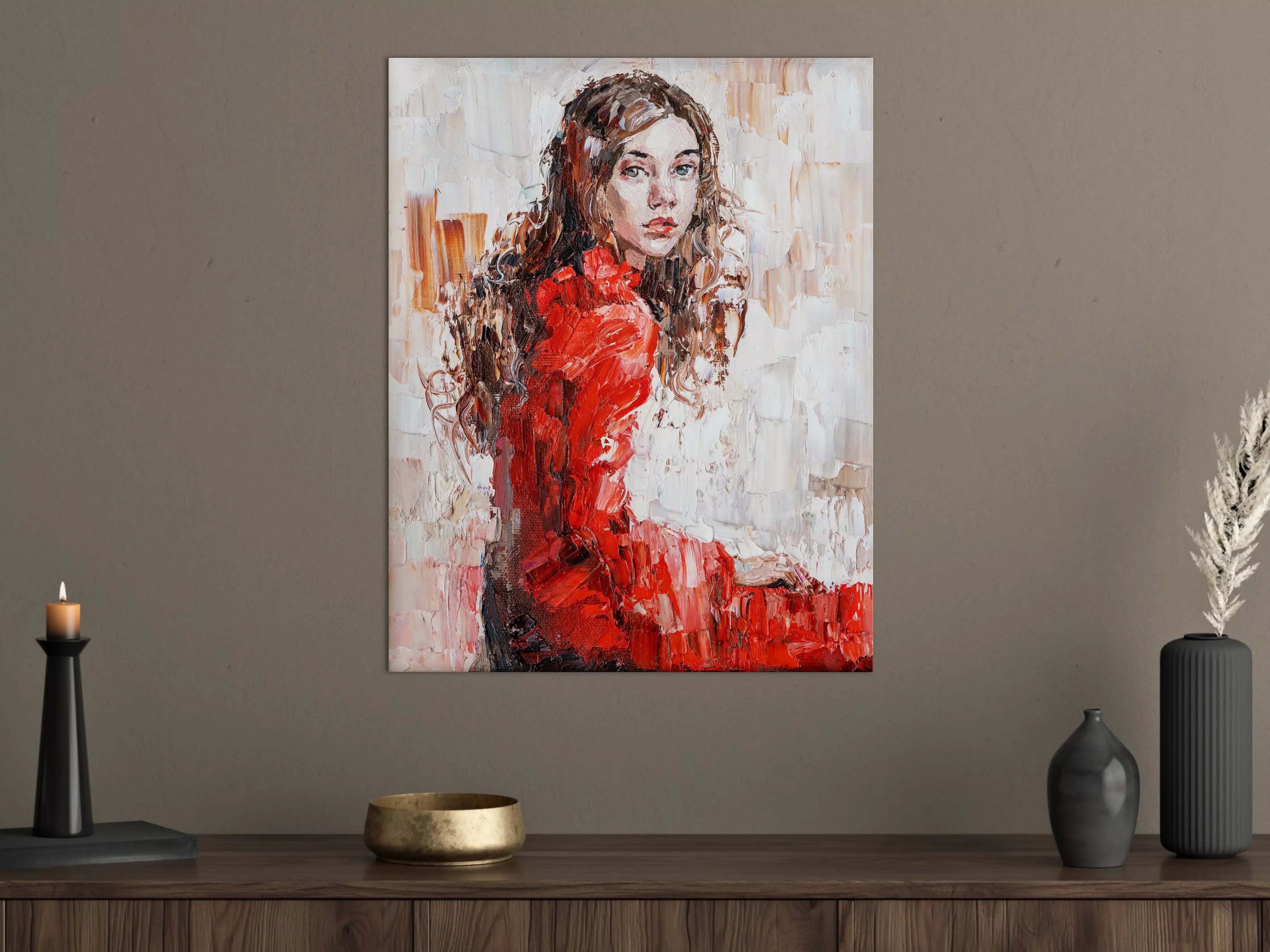 Große Wandbilder - Leinwand Portrait einer jungen Frau in rotem Kleid