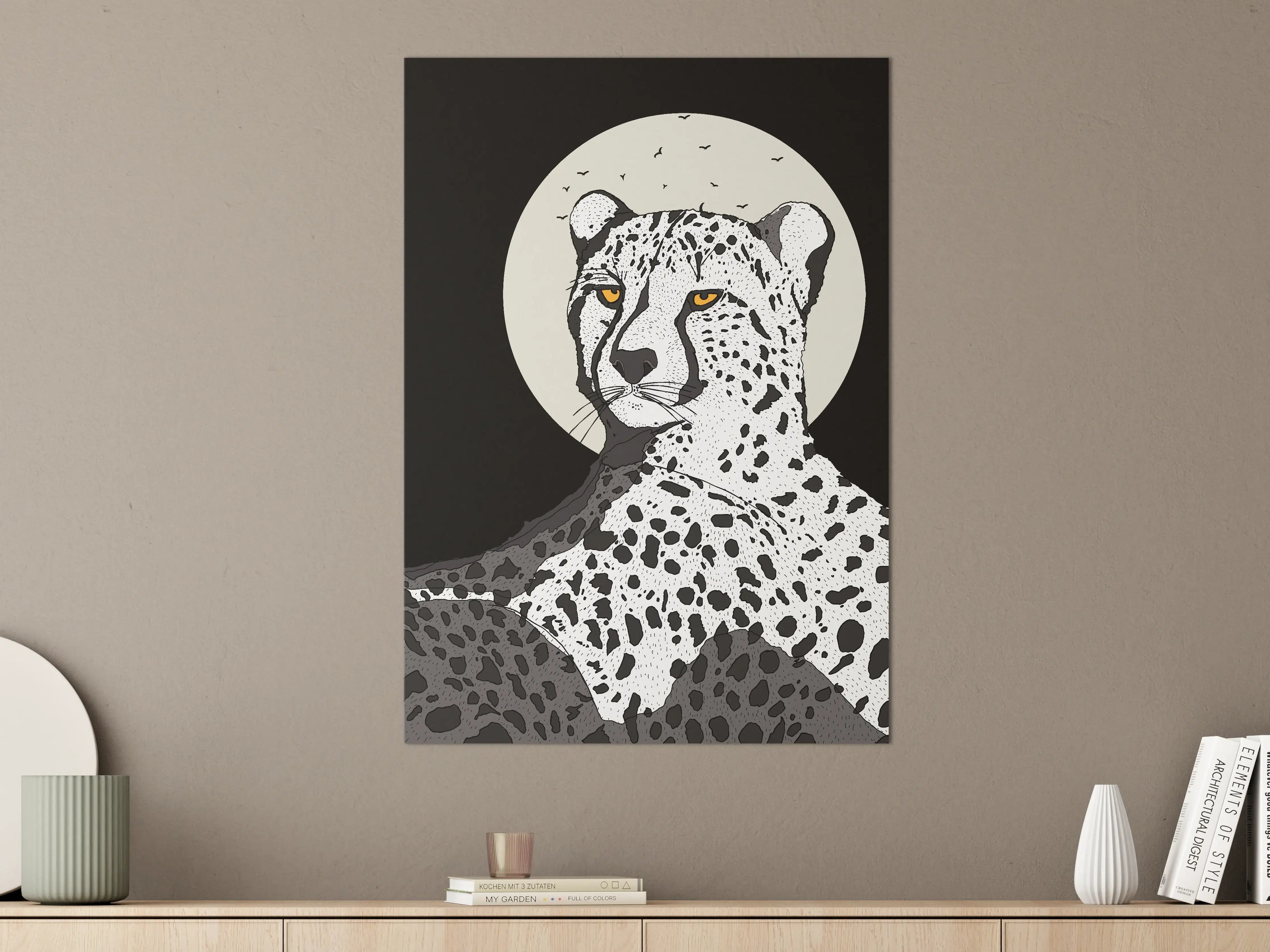Große Wandbilder - Leopard vor Mond auf dunklem Hintergrund