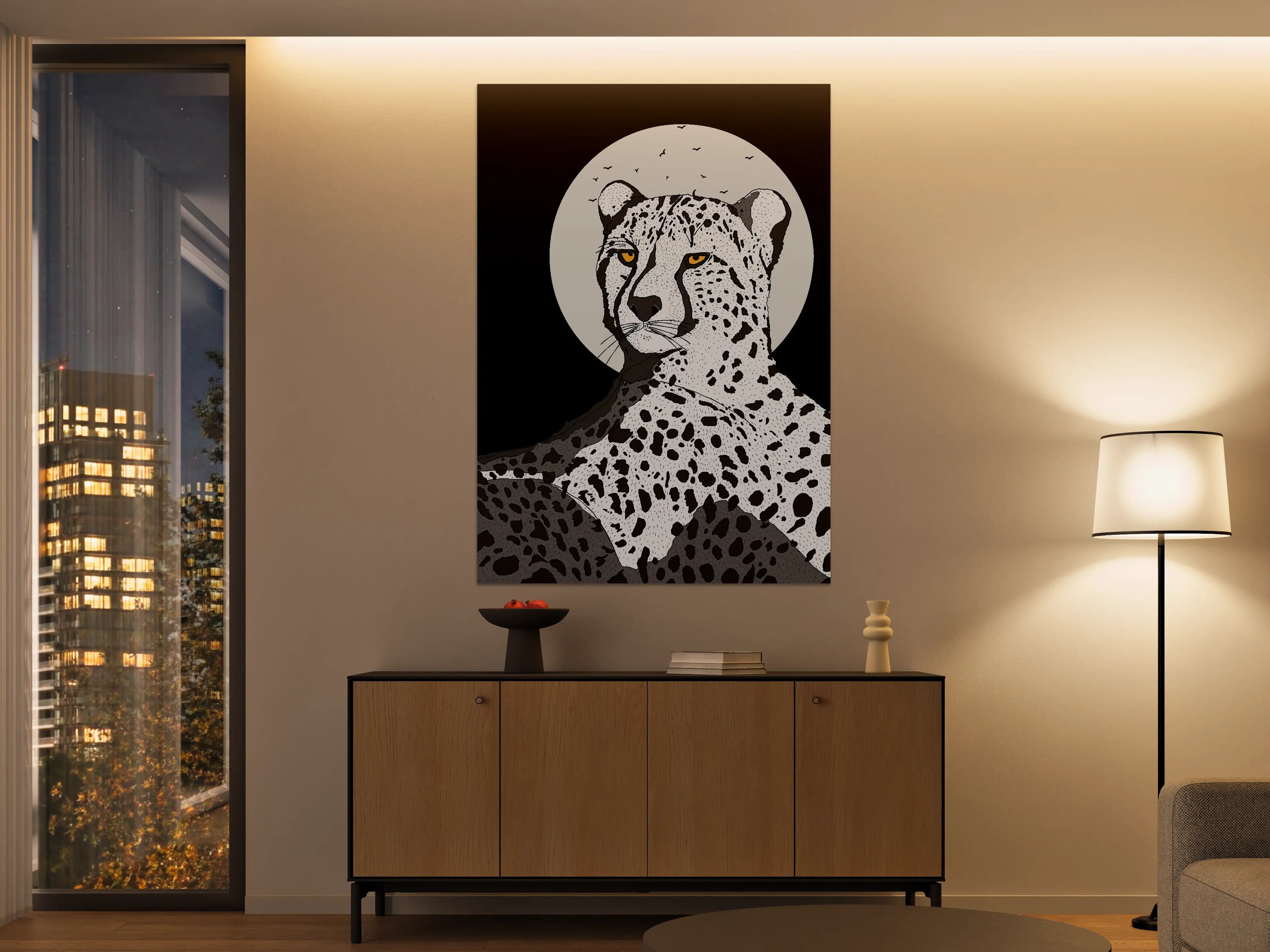 Große Wandbilder - Leopard vor Mond auf dunklem Hintergrund