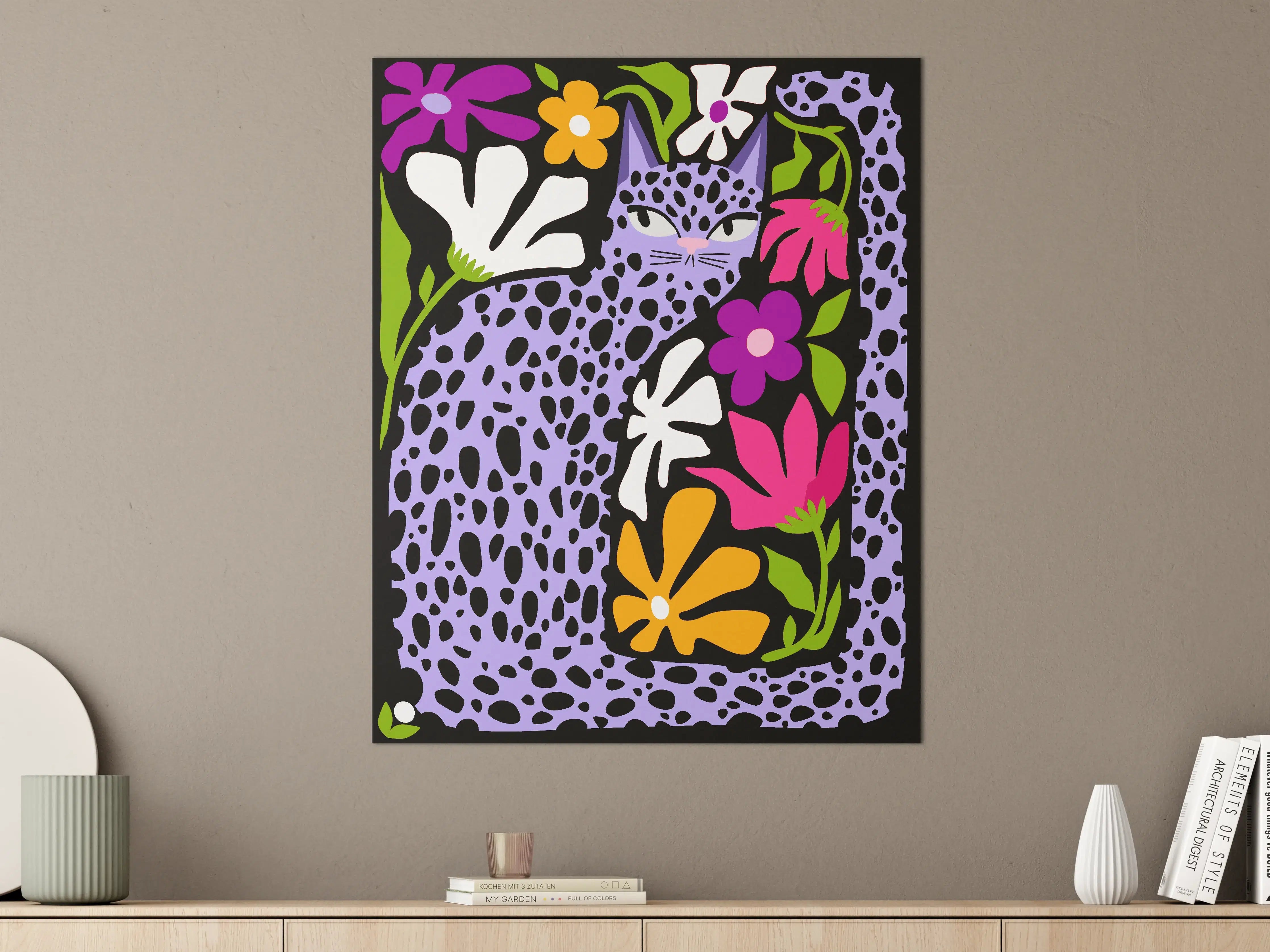 Große Wandbilder - Leopardenkatze mit bunten Blumen