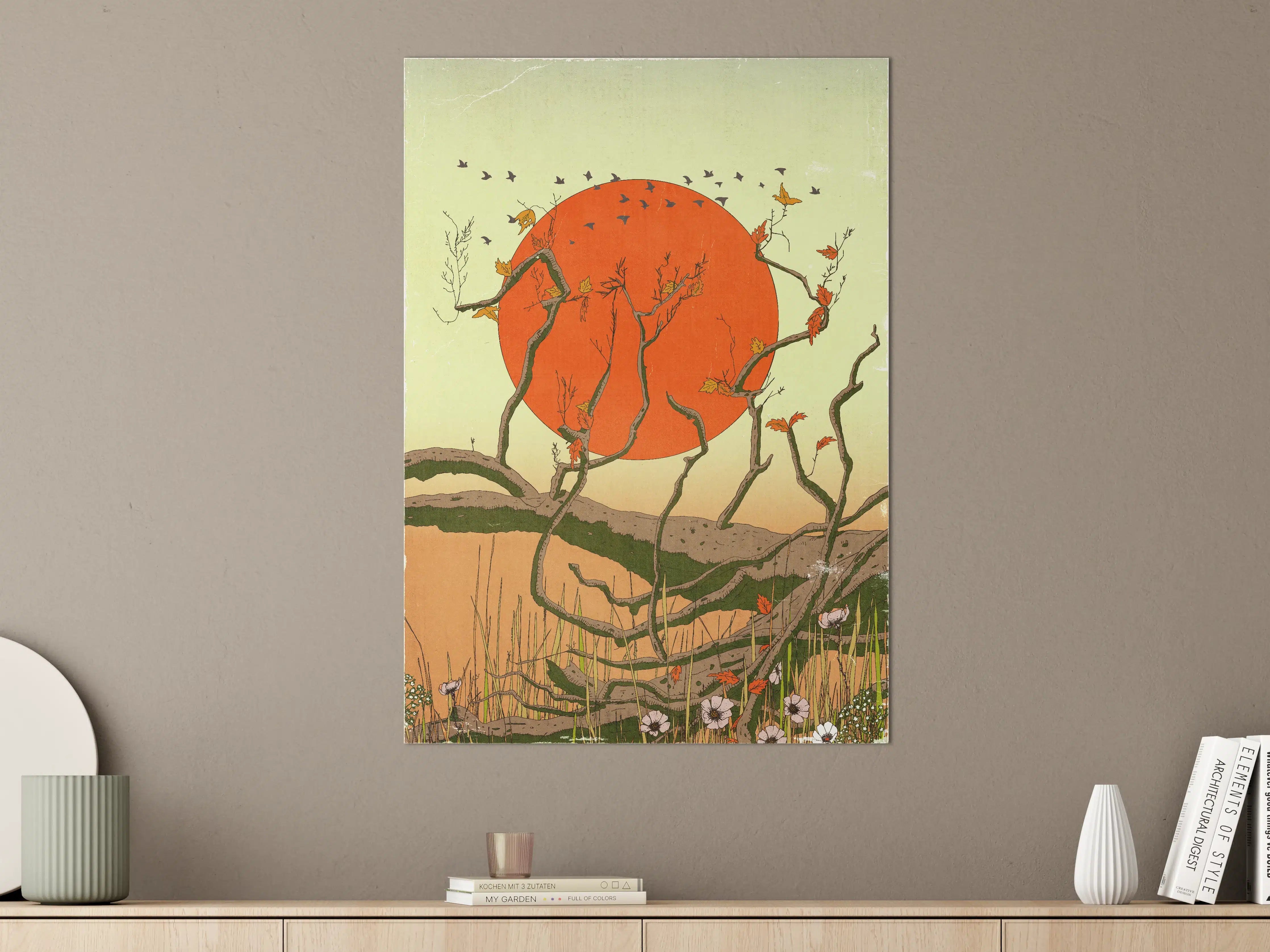 Große Wandbilder - Leuchtend orange Sonne über stilisierten Baumzweigen