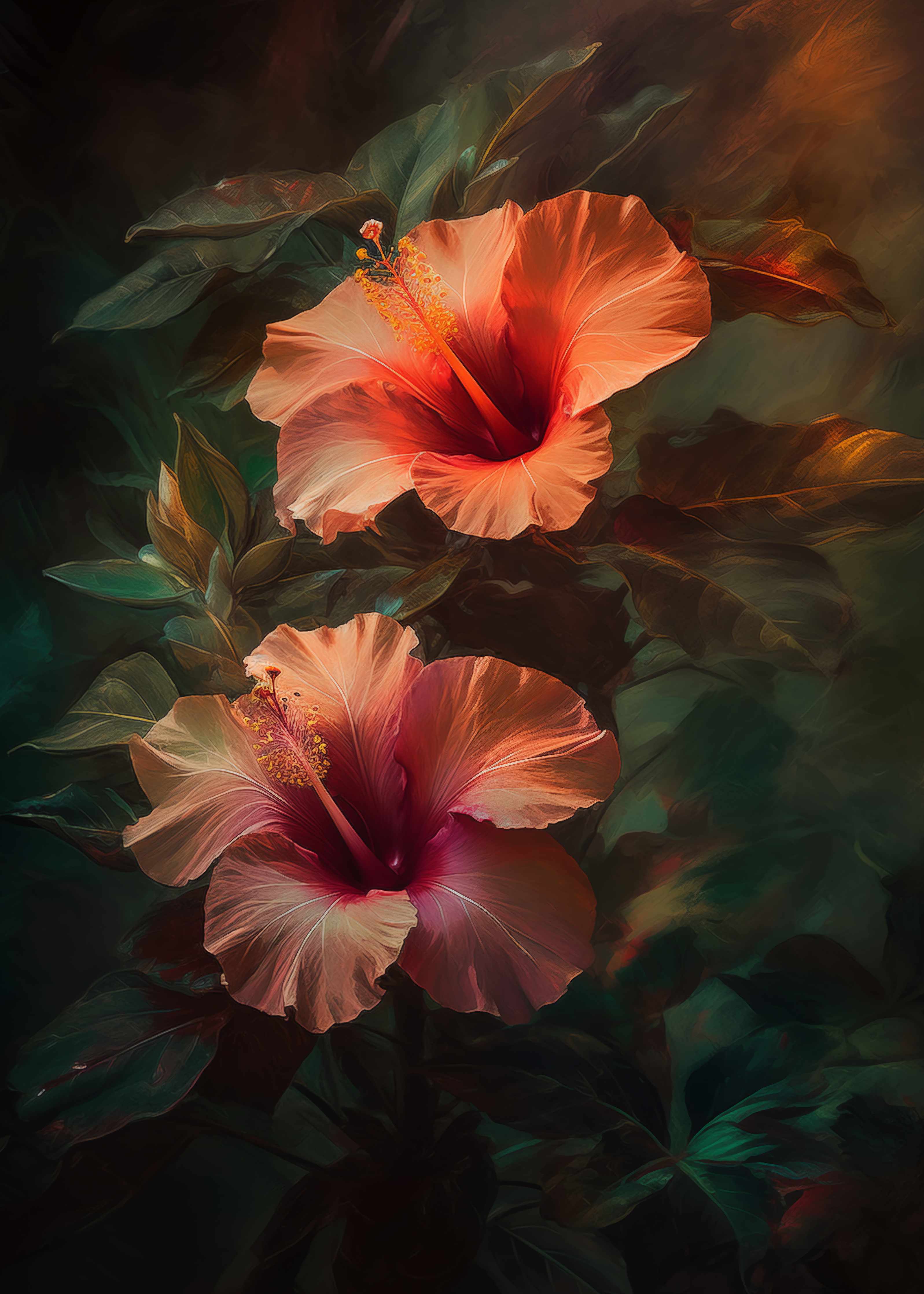 Große Wandbilder-Leuchtende Hibiskusblumen in warmen Farben