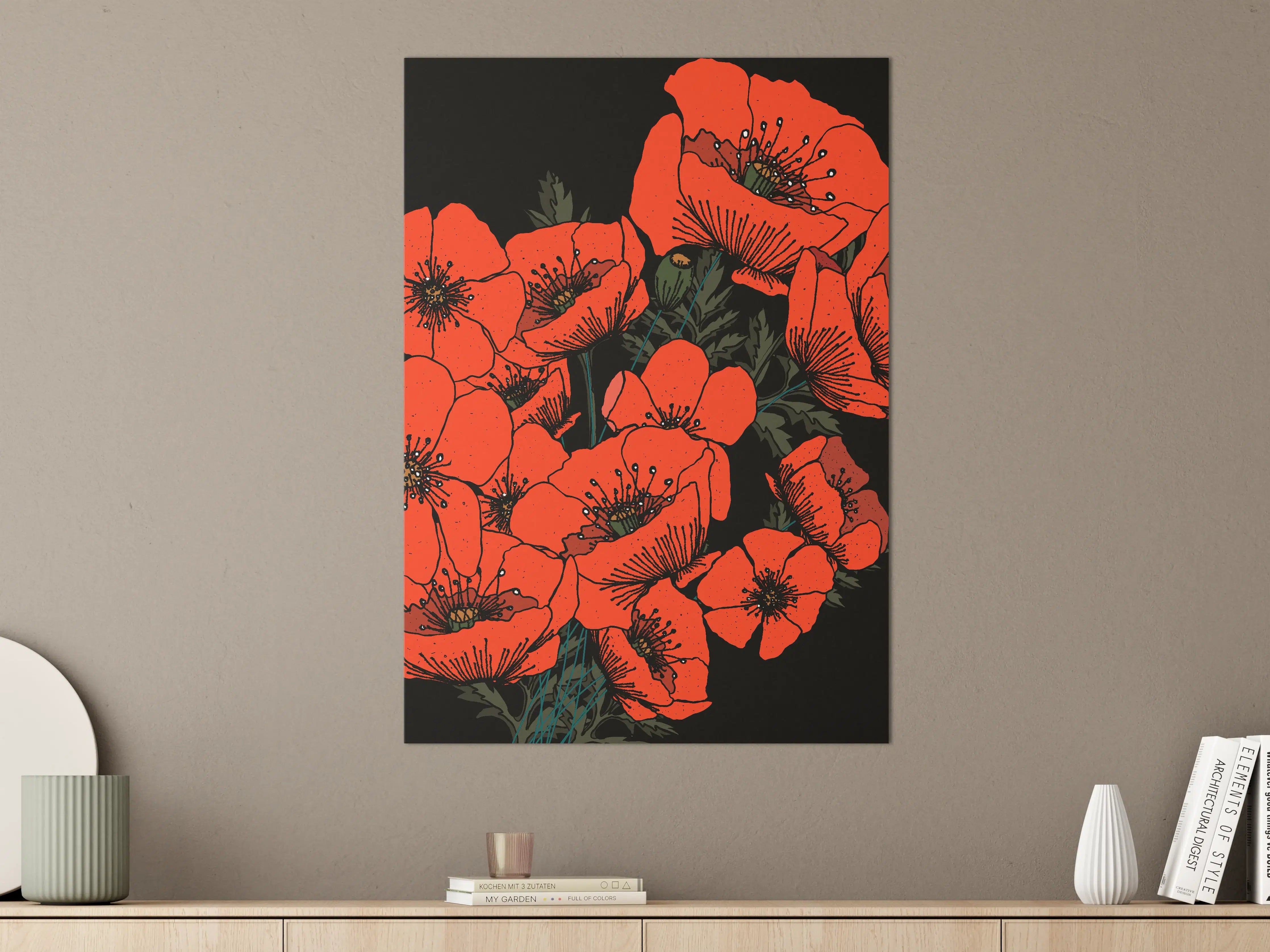 Große Wandbilder - Leuchtende Mohnblumen auf schwarzem Hintergrund
