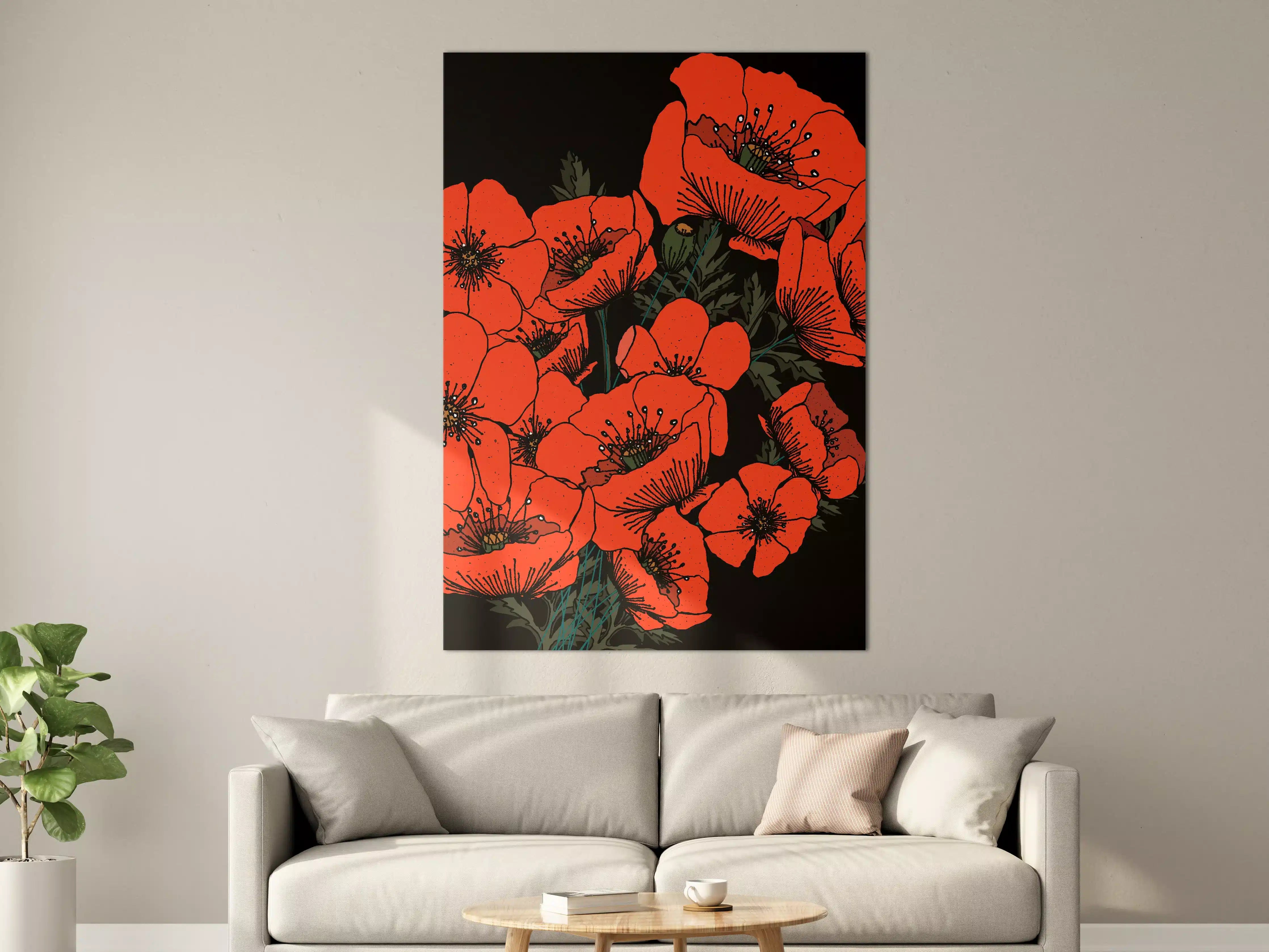 Große Wandbilder - Leuchtende Mohnblumen auf schwarzem Hintergrund