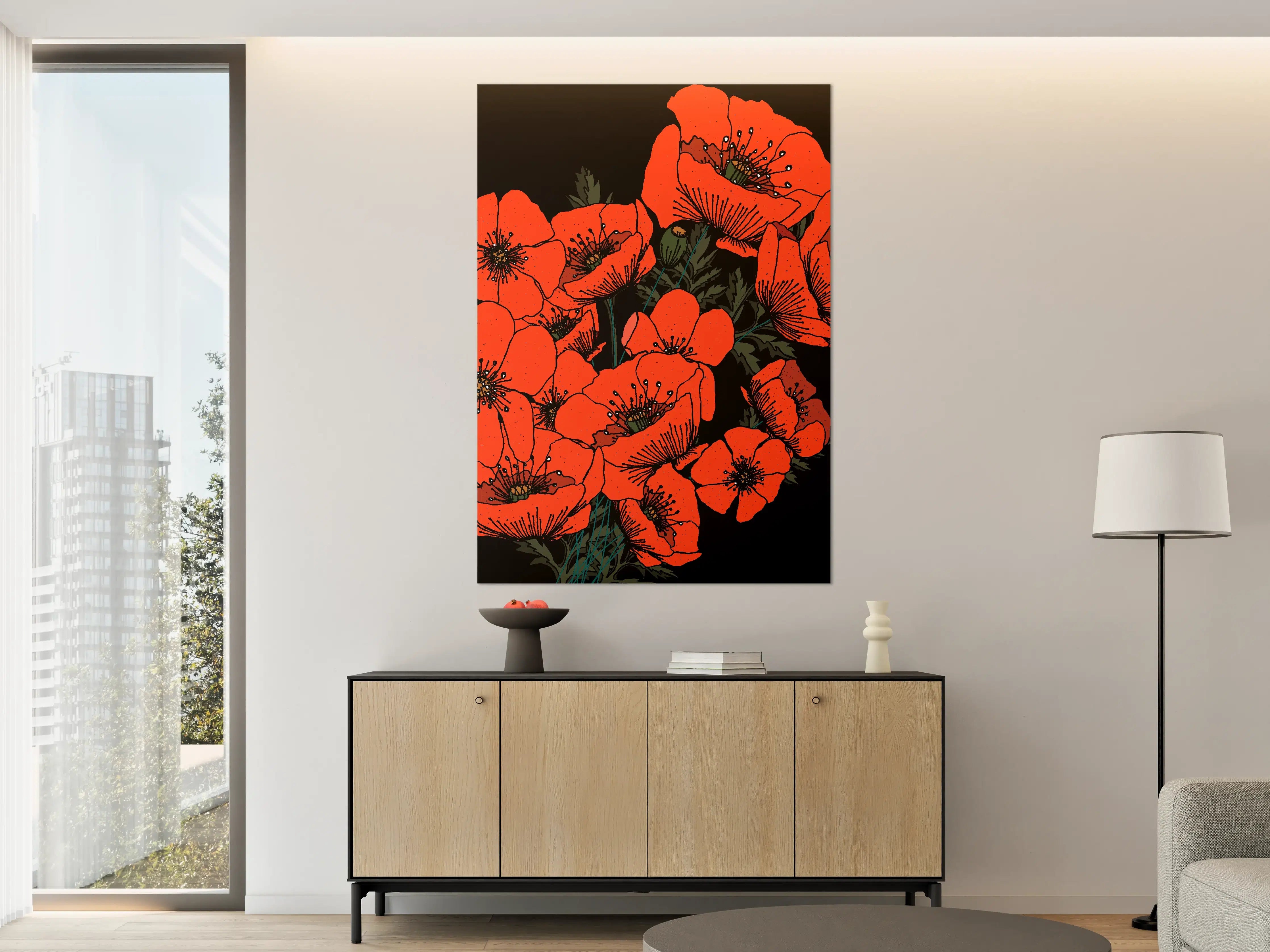 Große Wandbilder - Leuchtende Mohnblumen auf schwarzem Hintergrund