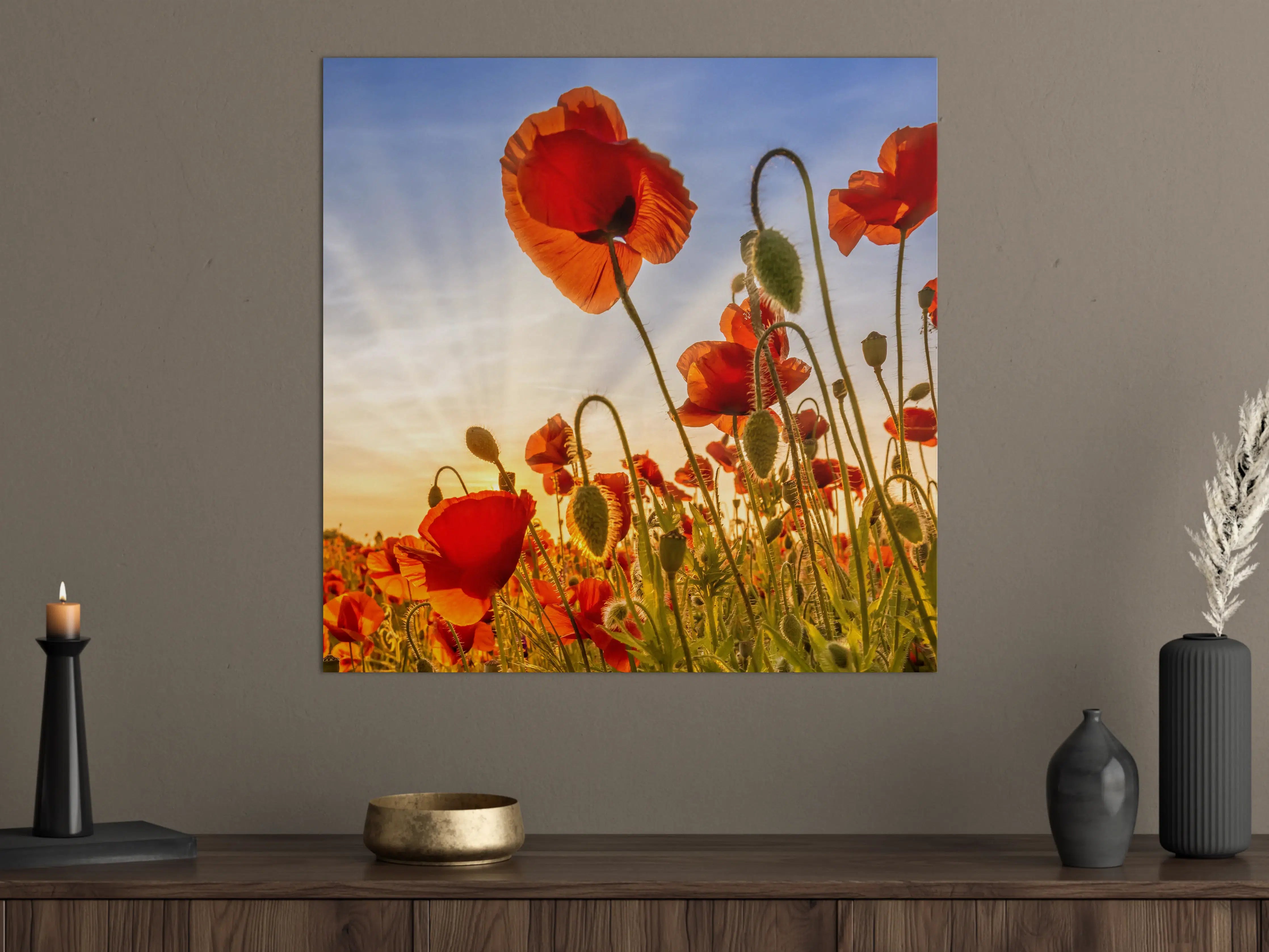 Große Wandbilder - Leuchtende Mohnblumen im Sonnenaufgang
