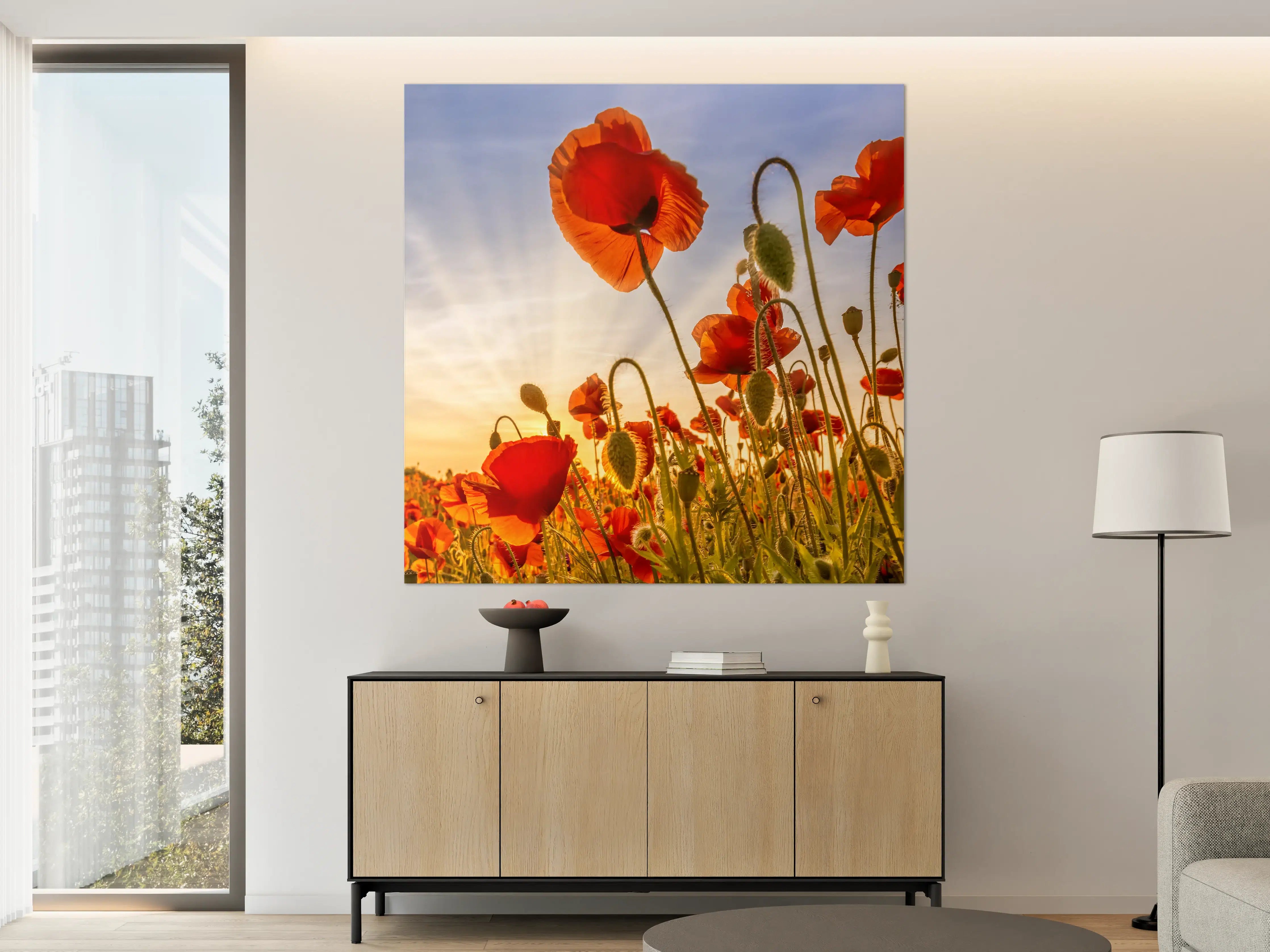 Große Wandbilder - Leuchtende Mohnblumen im Sonnenaufgang
