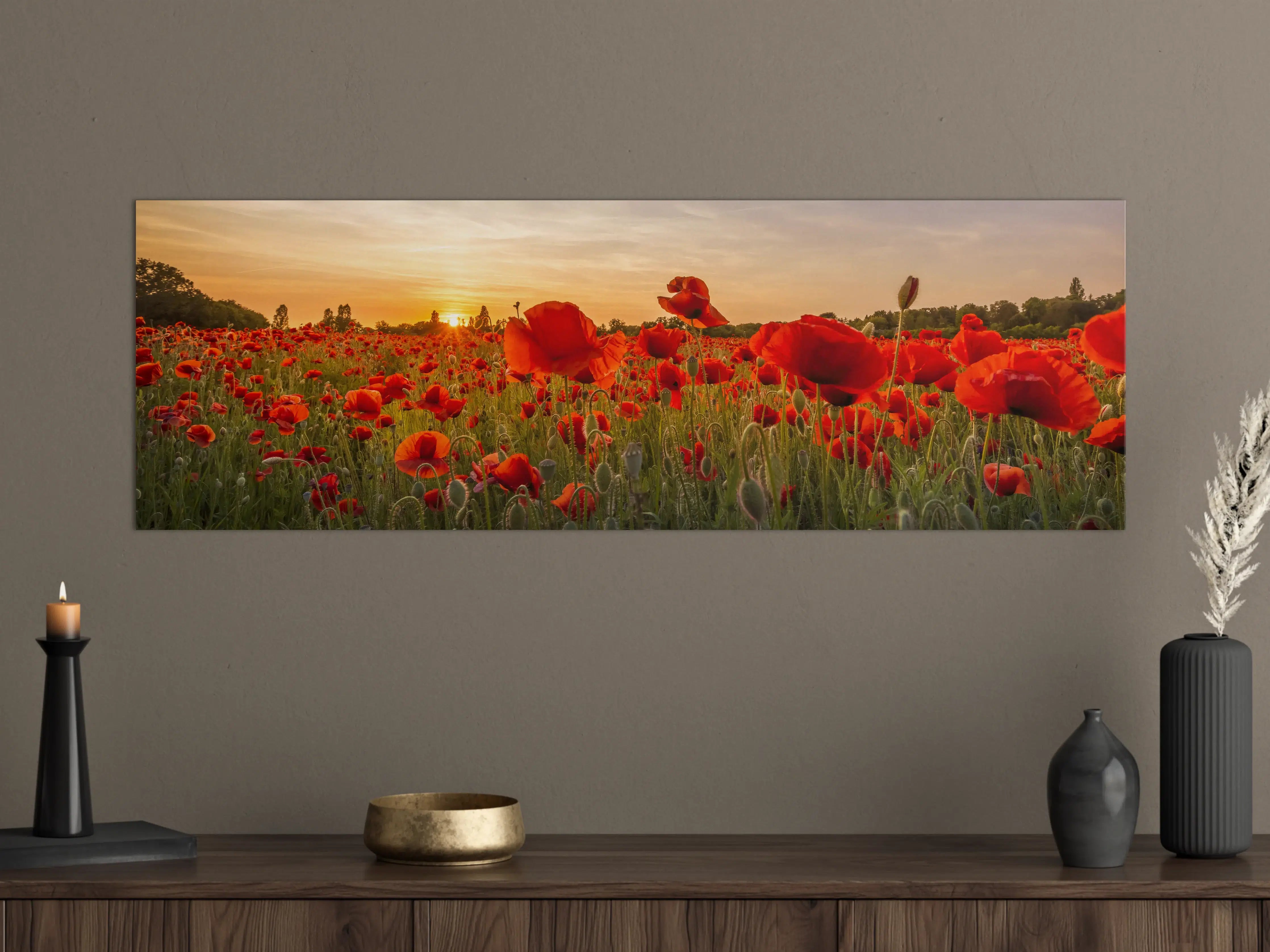 Große Wandbilder - Leuchtende Mohnblumen im Sonnenuntergang