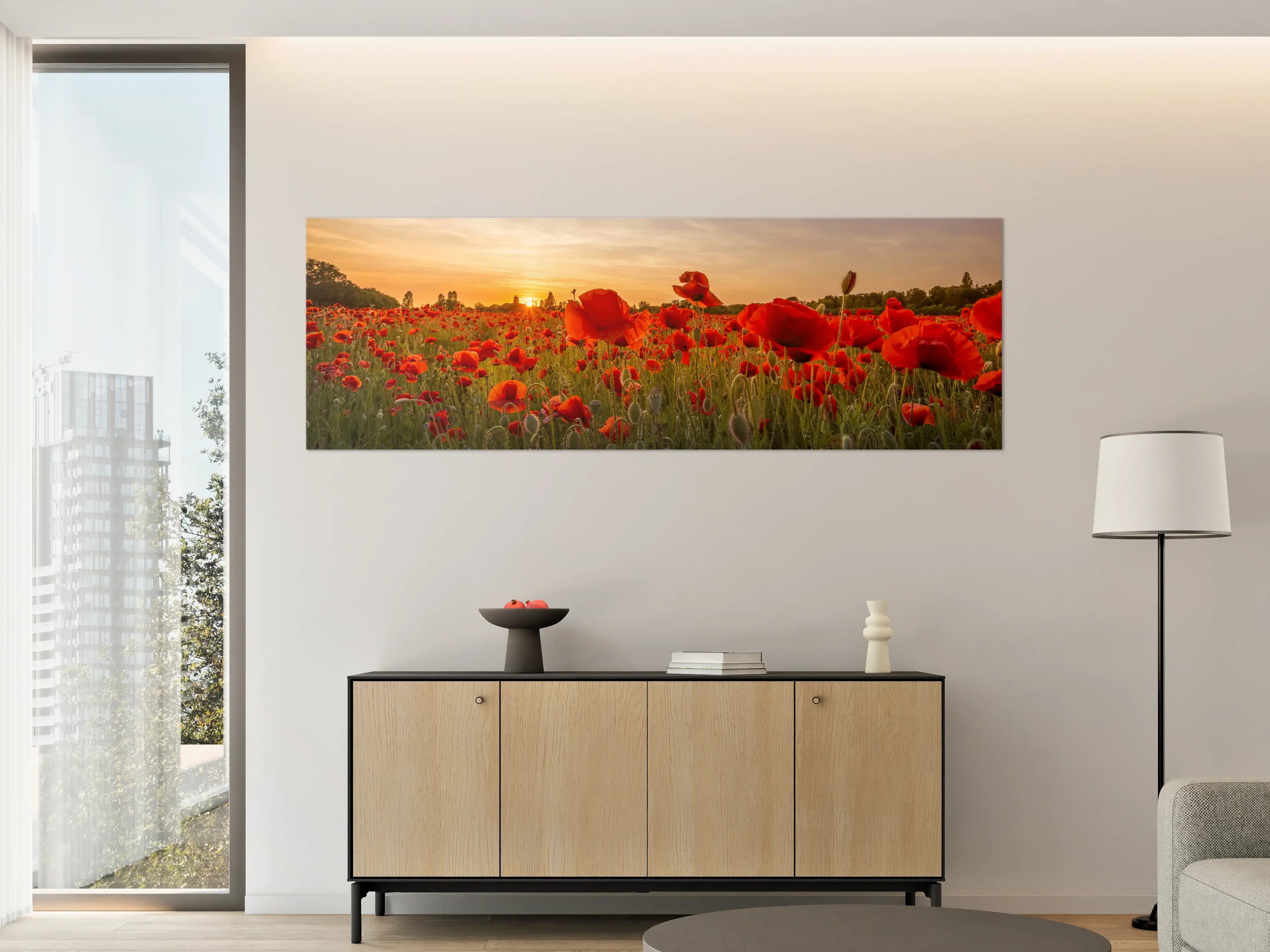 Große Wandbilder - Leuchtende Mohnblumen im Sonnenuntergang