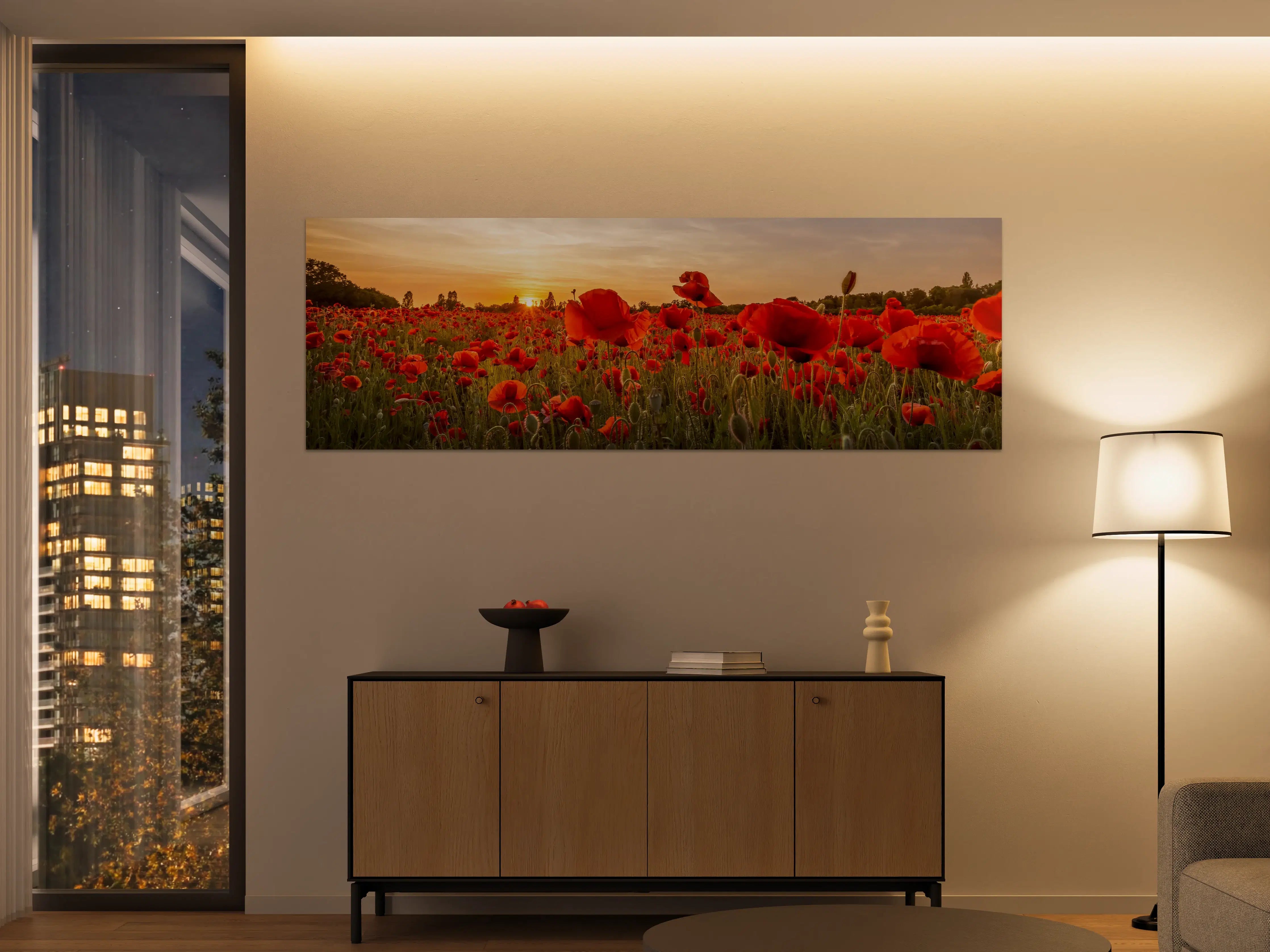 Große Wandbilder - Leuchtende Mohnblumen im Sonnenuntergang