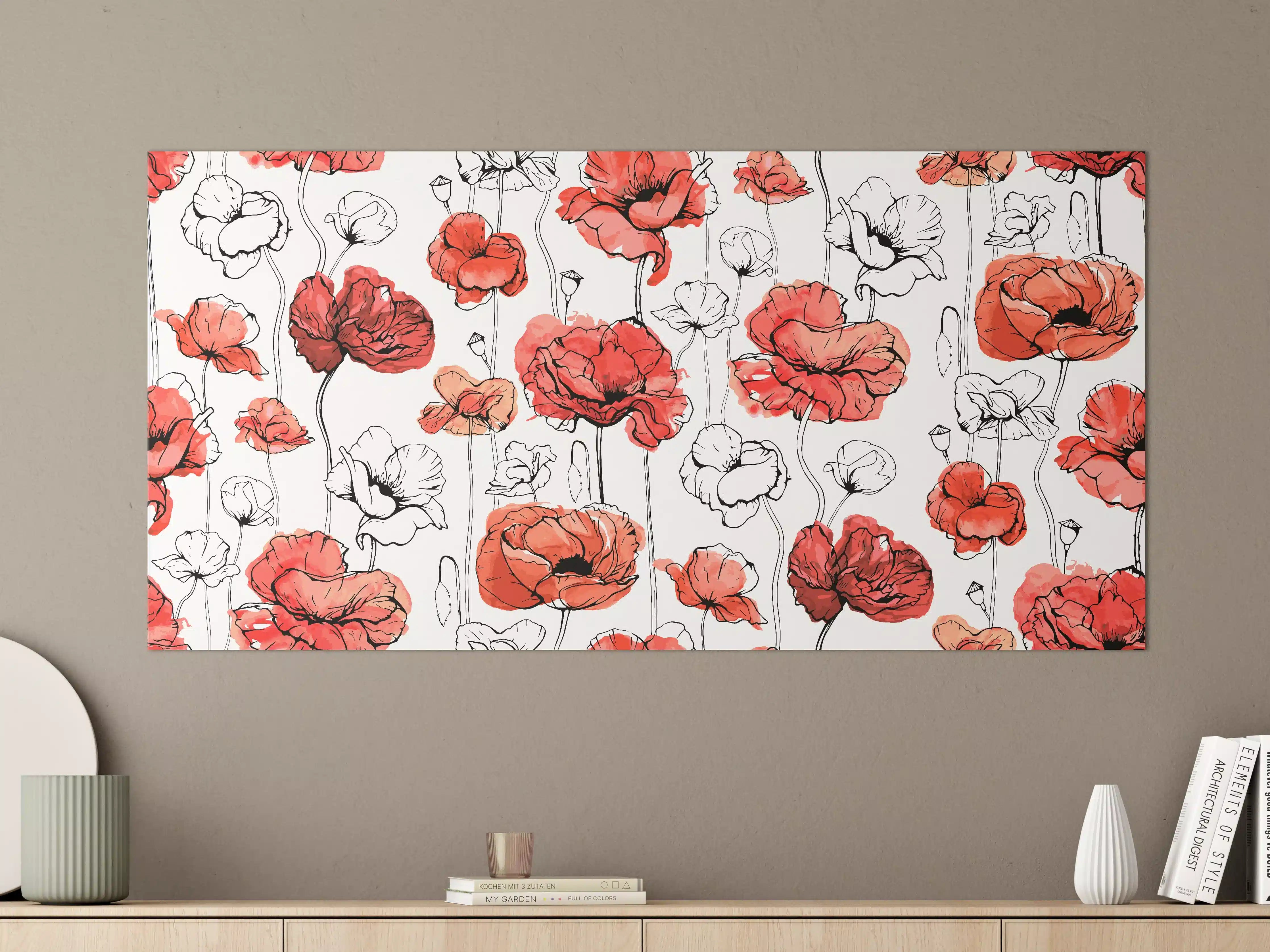 Große Wandbilder - Leuchtende Mohnblumen in Rot, Weiß und Grau
