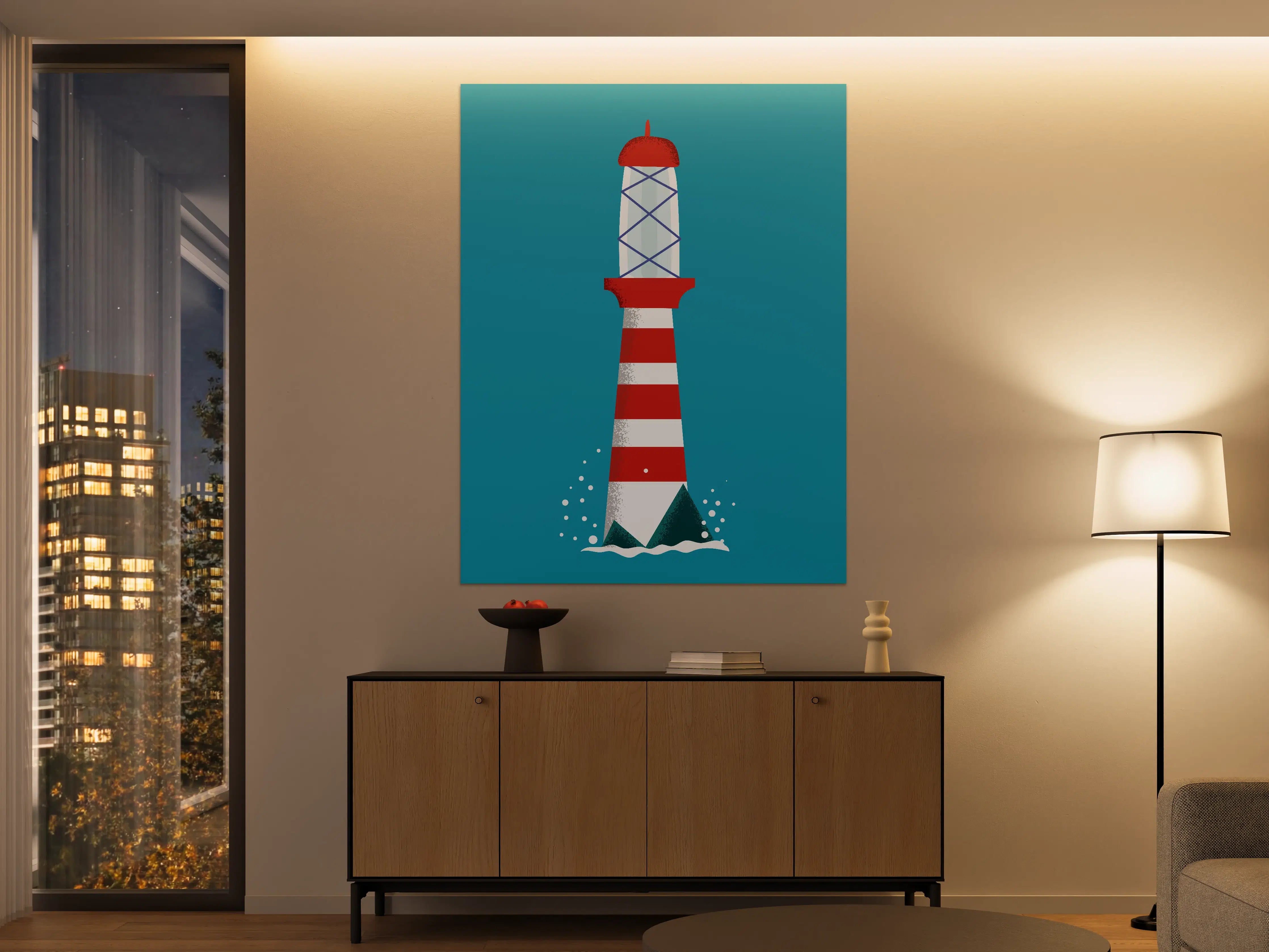 Große Wandbilder - Leuchtturm am Meer in Rot-Weiß Streifen