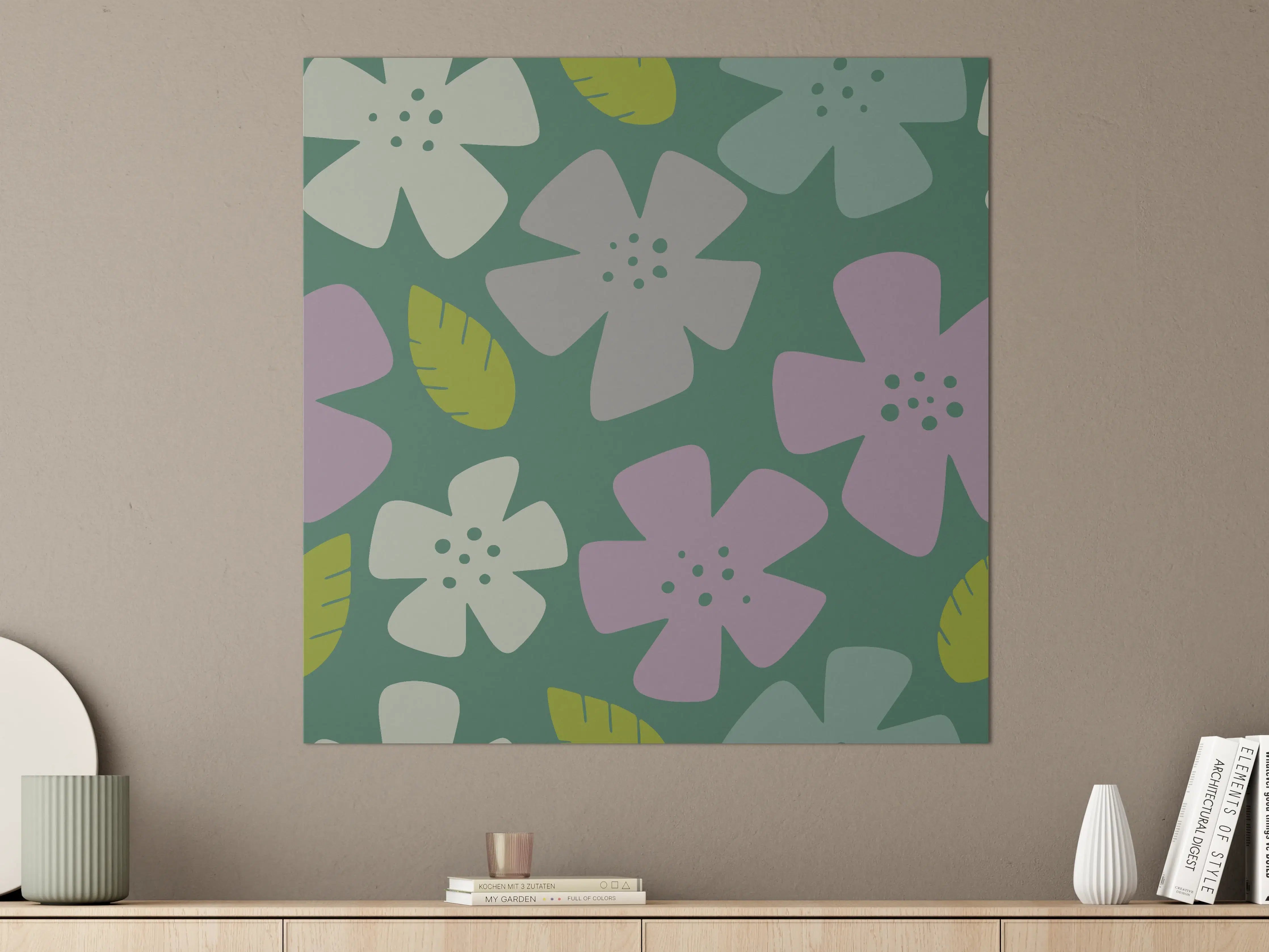 Große Wandbilder - Lila und Grün Blütendesign mit Blättern