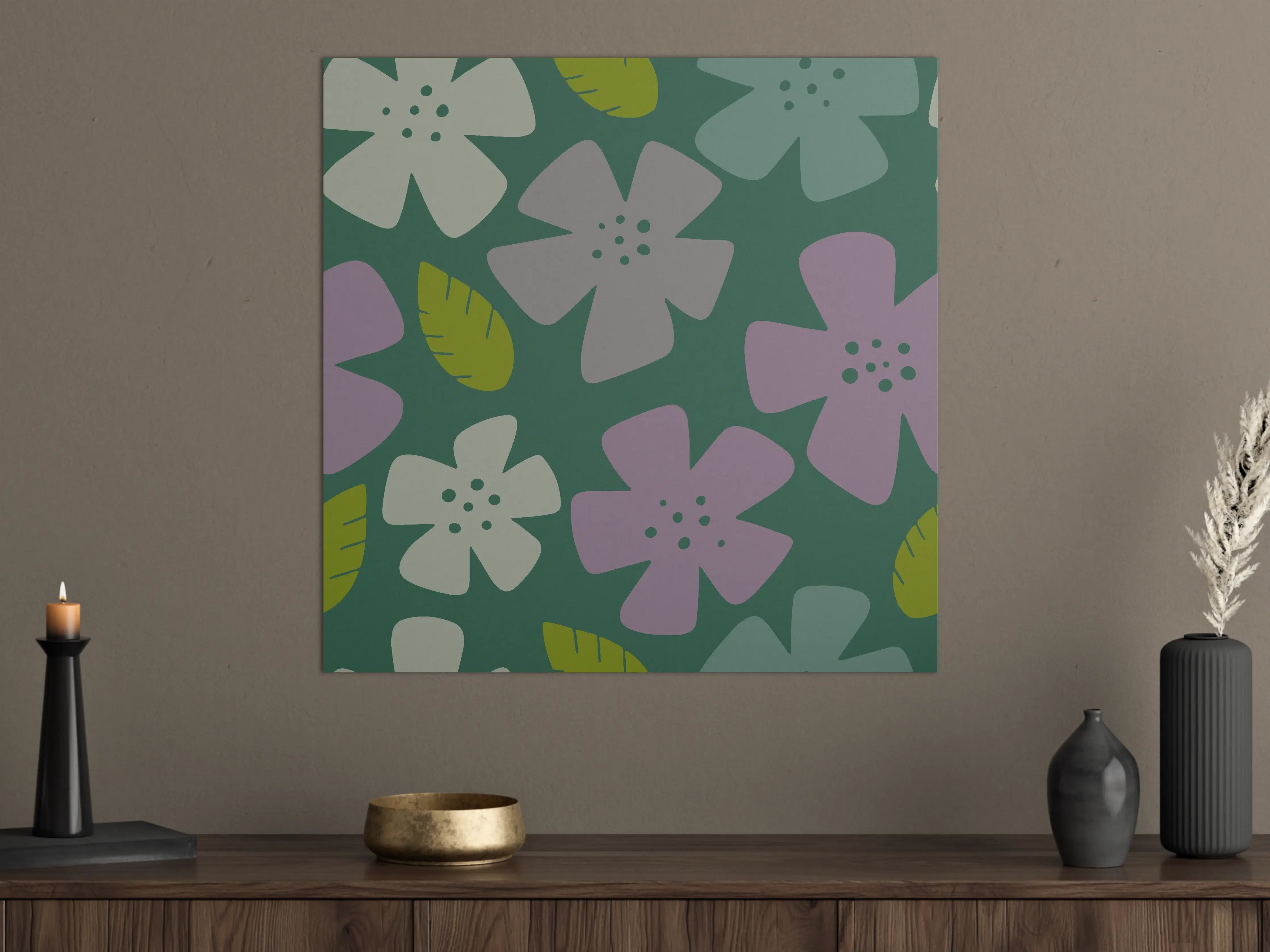 Große Wandbilder - Lila und Grün Blütendesign mit Blättern