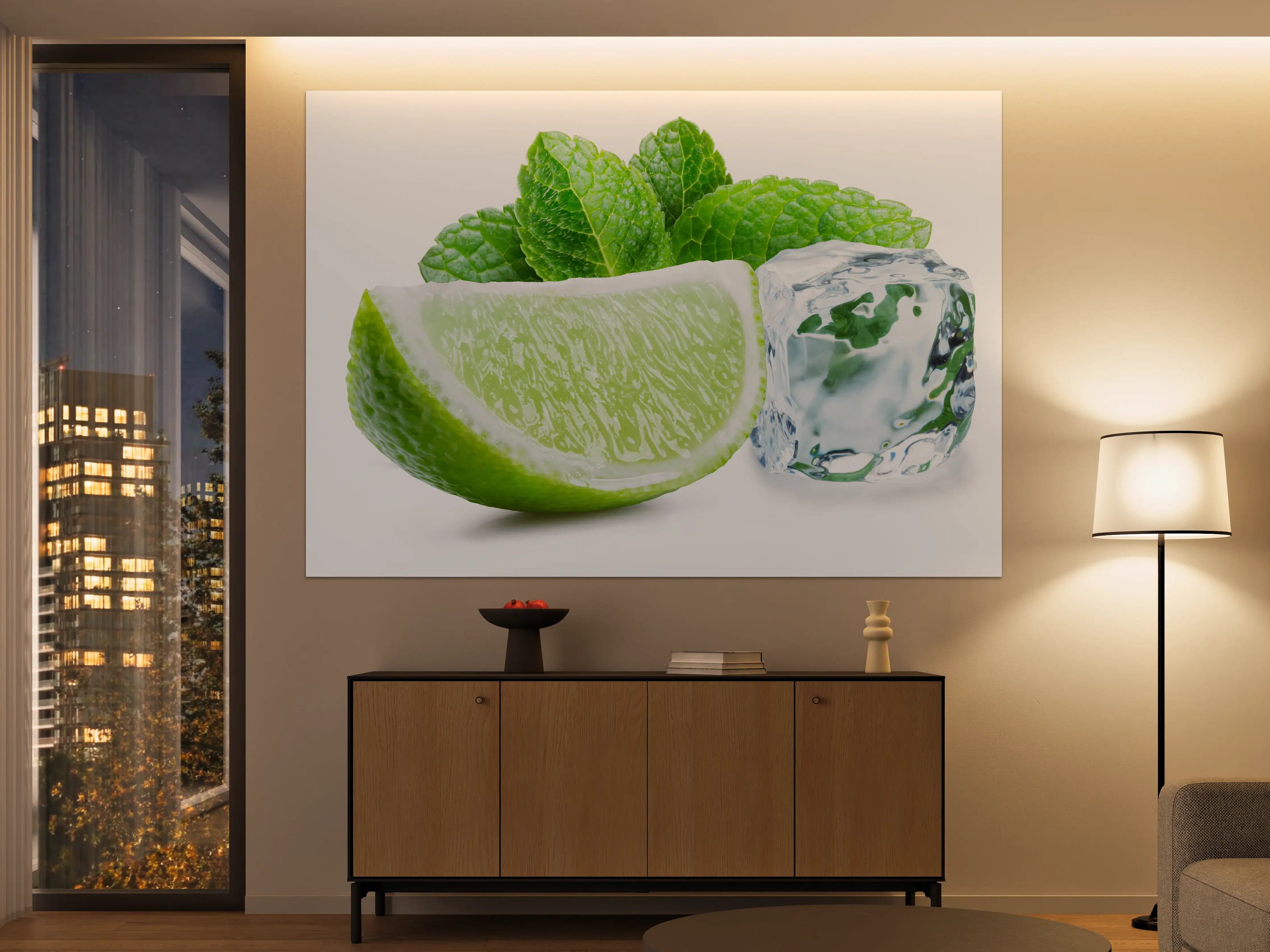 Große Wandbilder - Limettenscheibe mit Eis und Minze