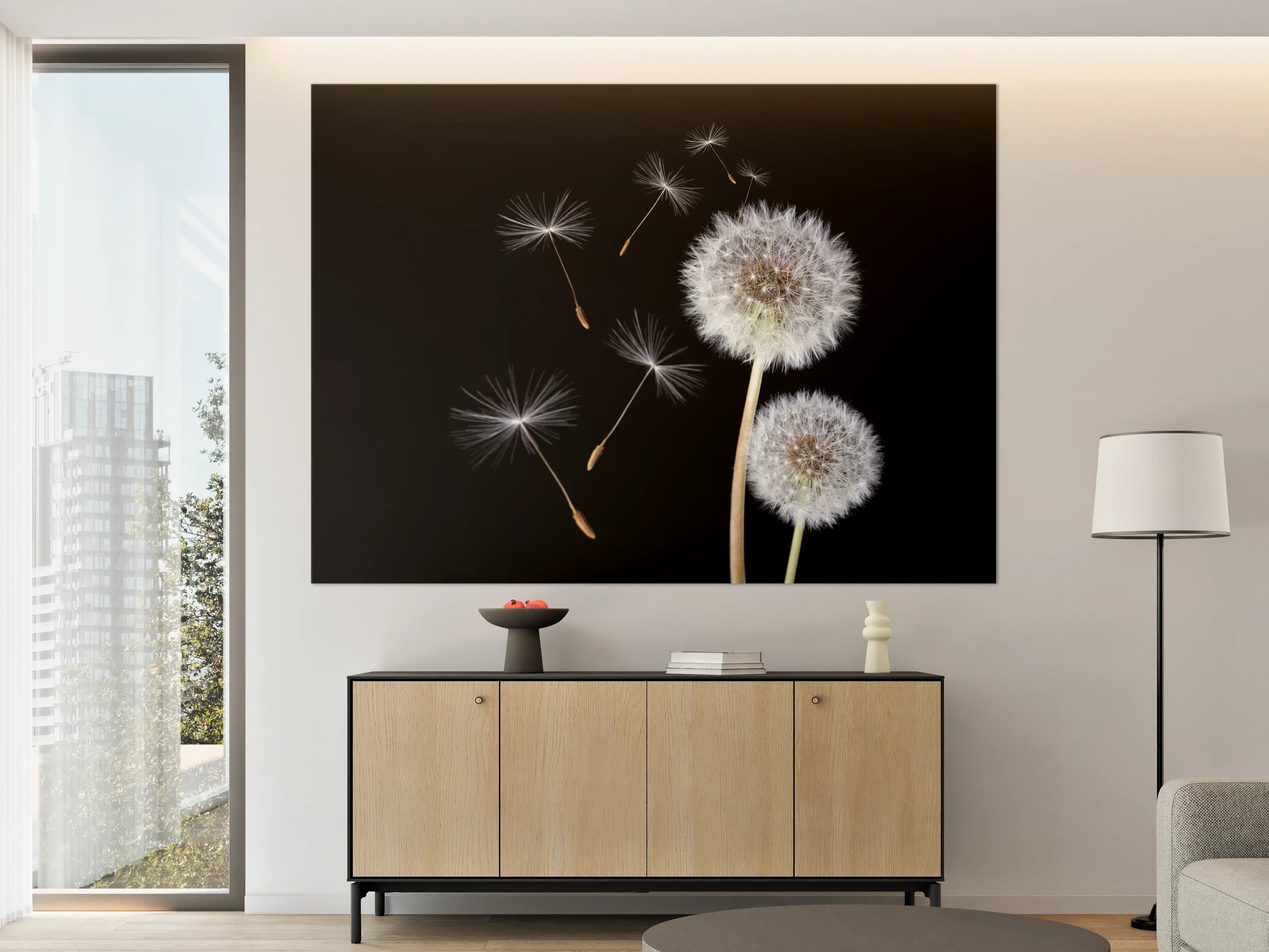 Große Wandbilder - Löwenzahn auf schwarzem Hintergrund