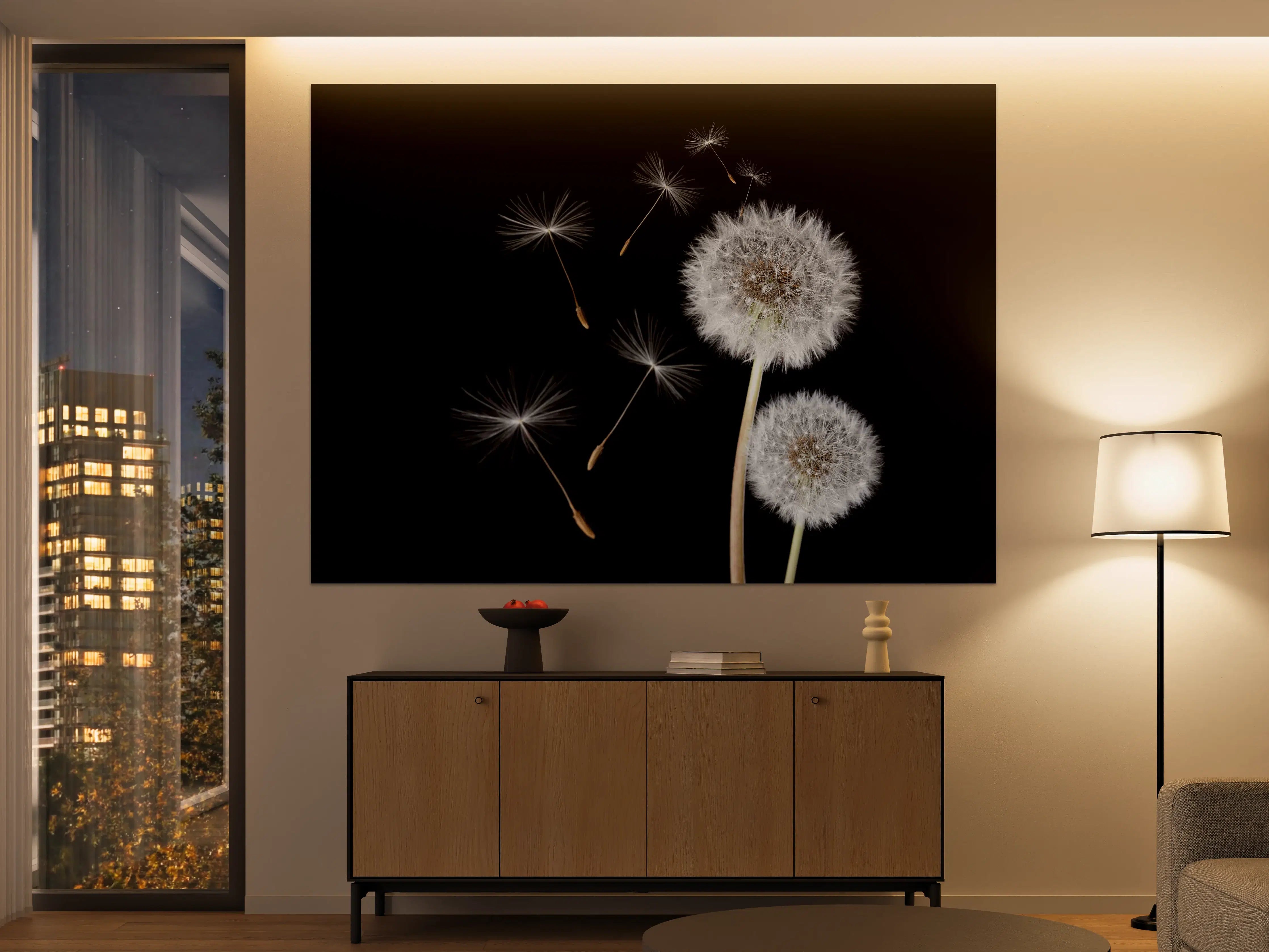 Große Wandbilder - Löwenzahn auf schwarzem Hintergrund