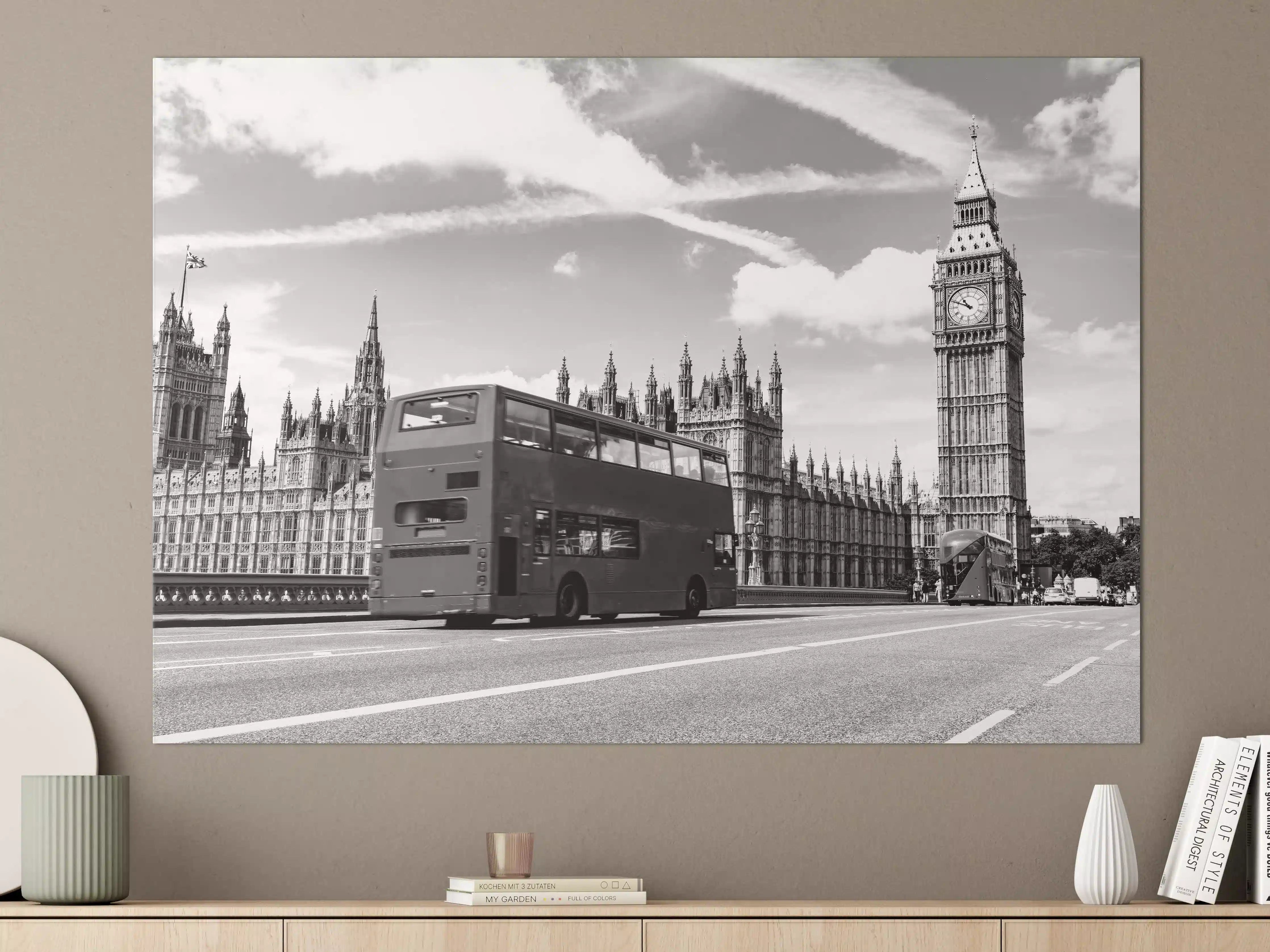 Große Wandbilder - Londoner Straßenszene mit Bus und Big Ben in Schwarz-Weiß