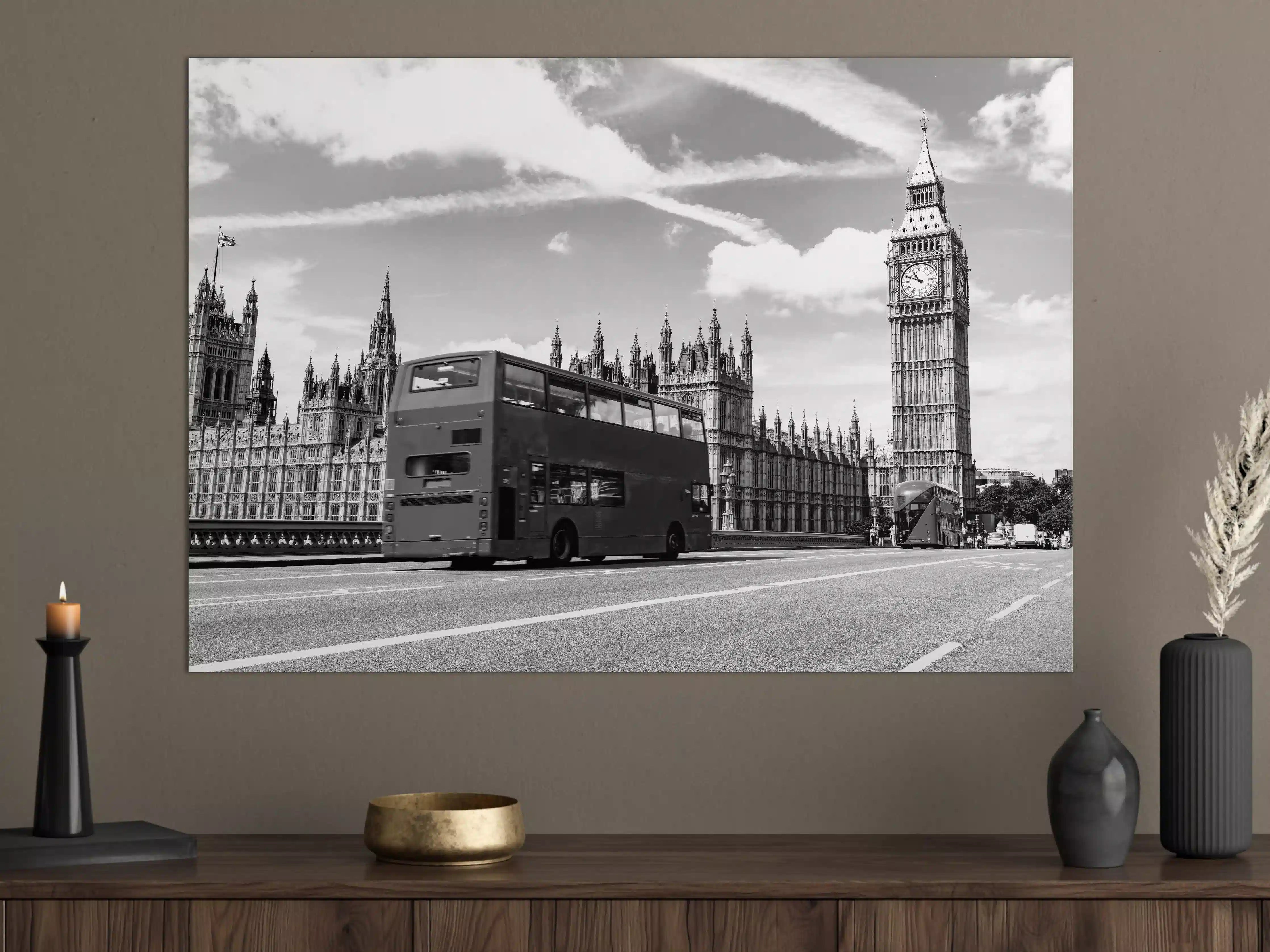Große Wandbilder - Londoner Straßenszene mit Bus und Big Ben in Schwarz-Weiß