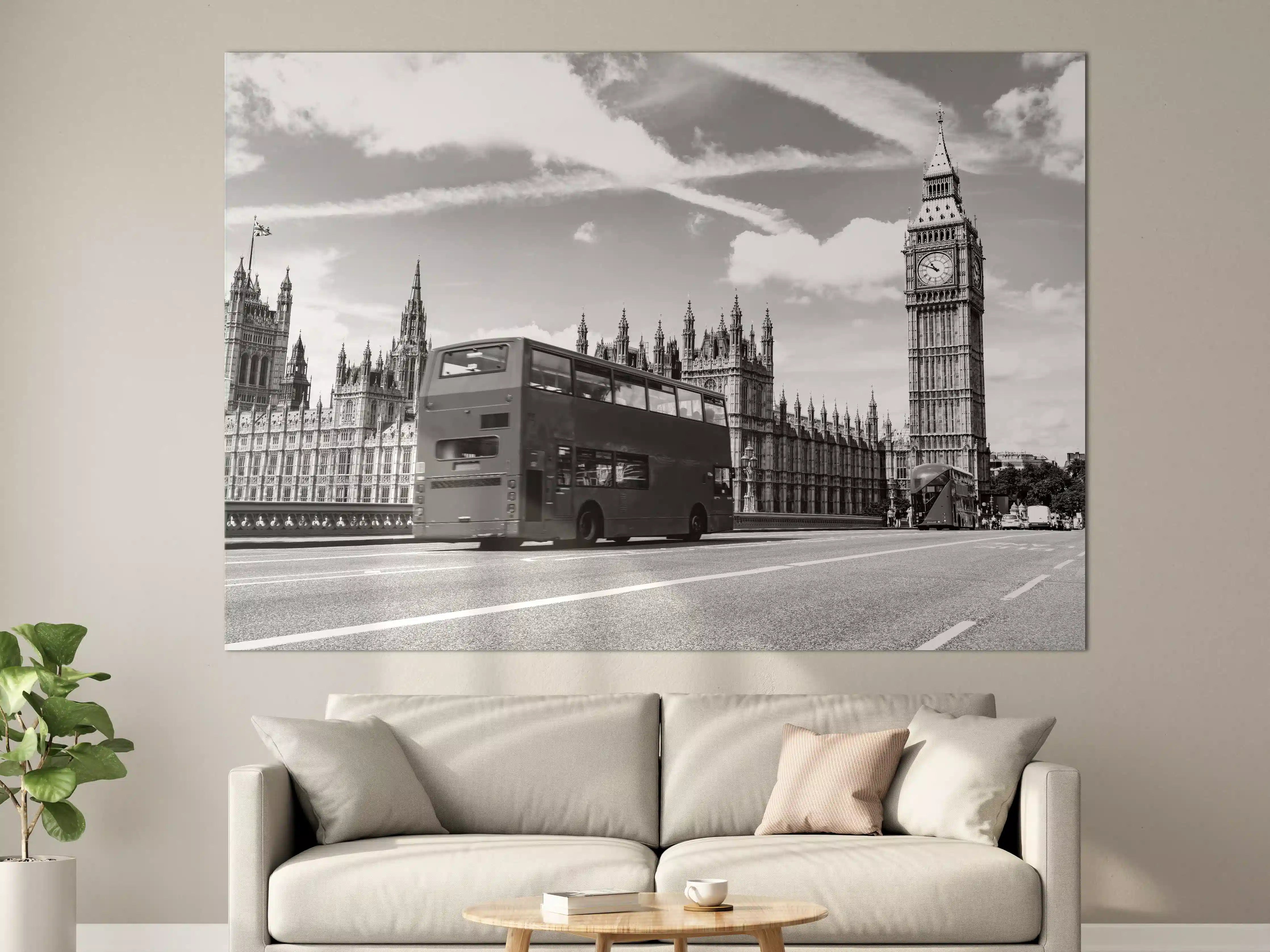Große Wandbilder - Londoner Straßenszene mit Bus und Big Ben in Schwarz-Weiß