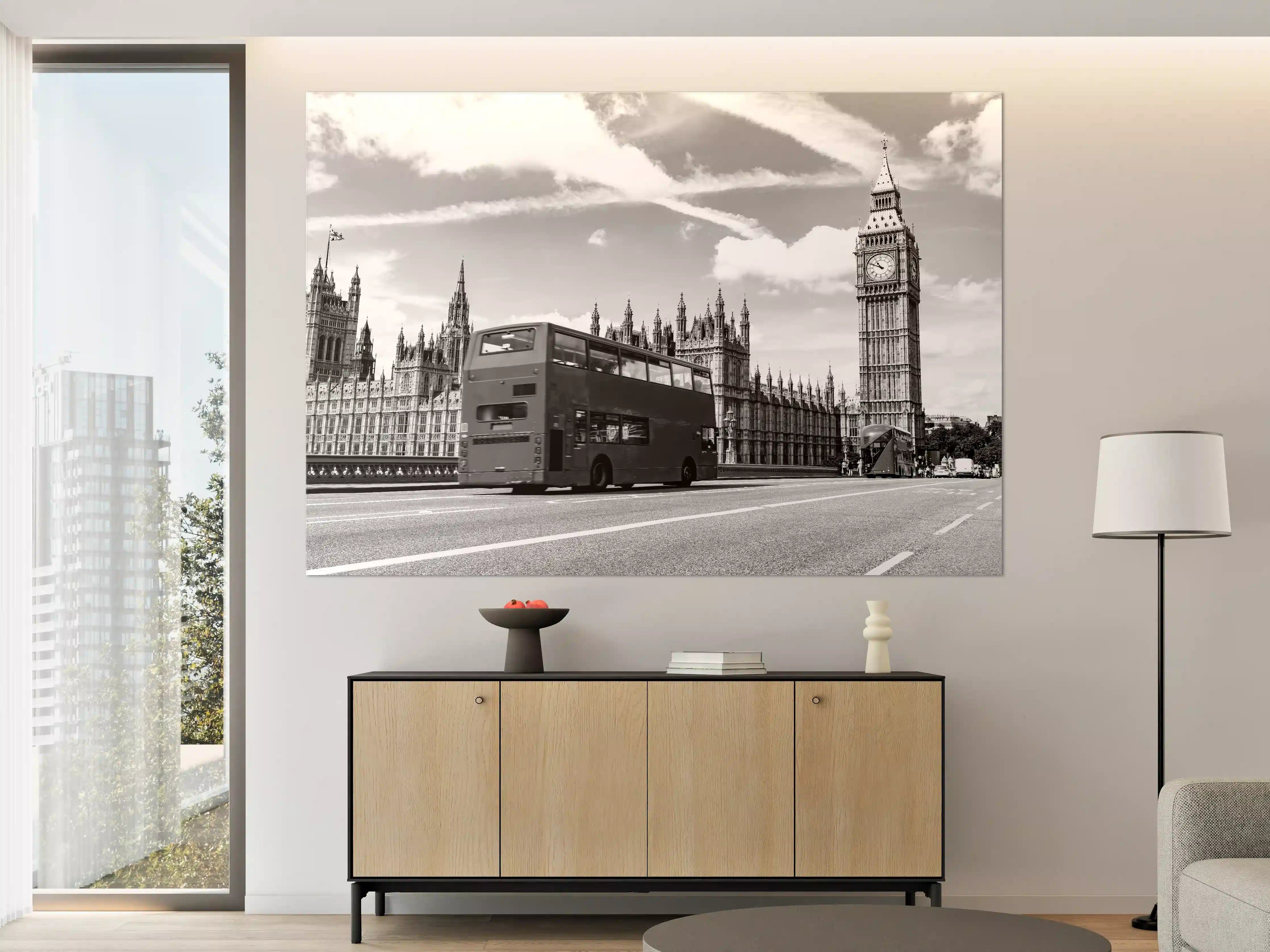 Große Wandbilder - Londoner Straßenszene mit Bus und Big Ben in Schwarz-Weiß