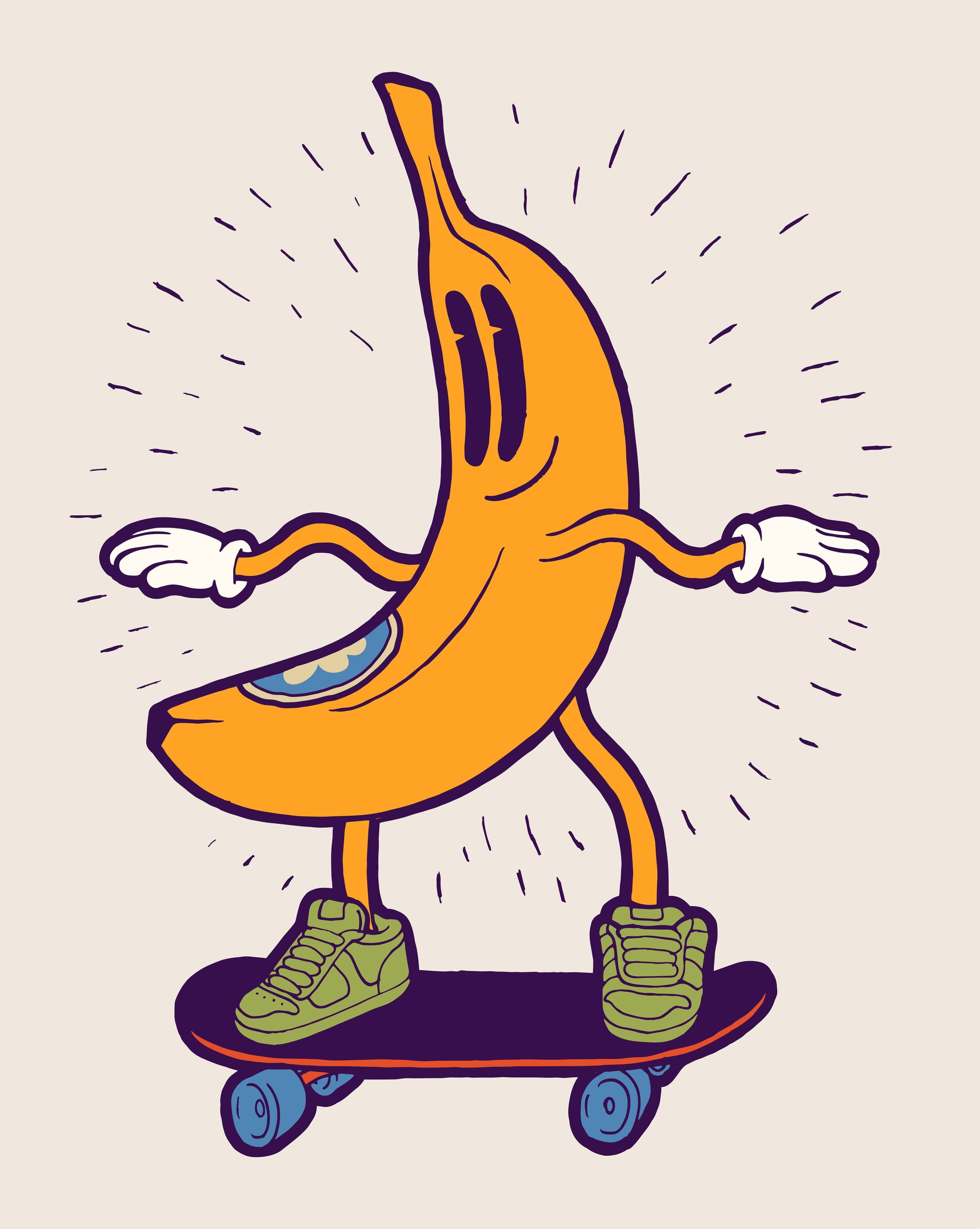 Große Wandbilder-Lustige Bananen-Comic-Illustration mit Skateboard