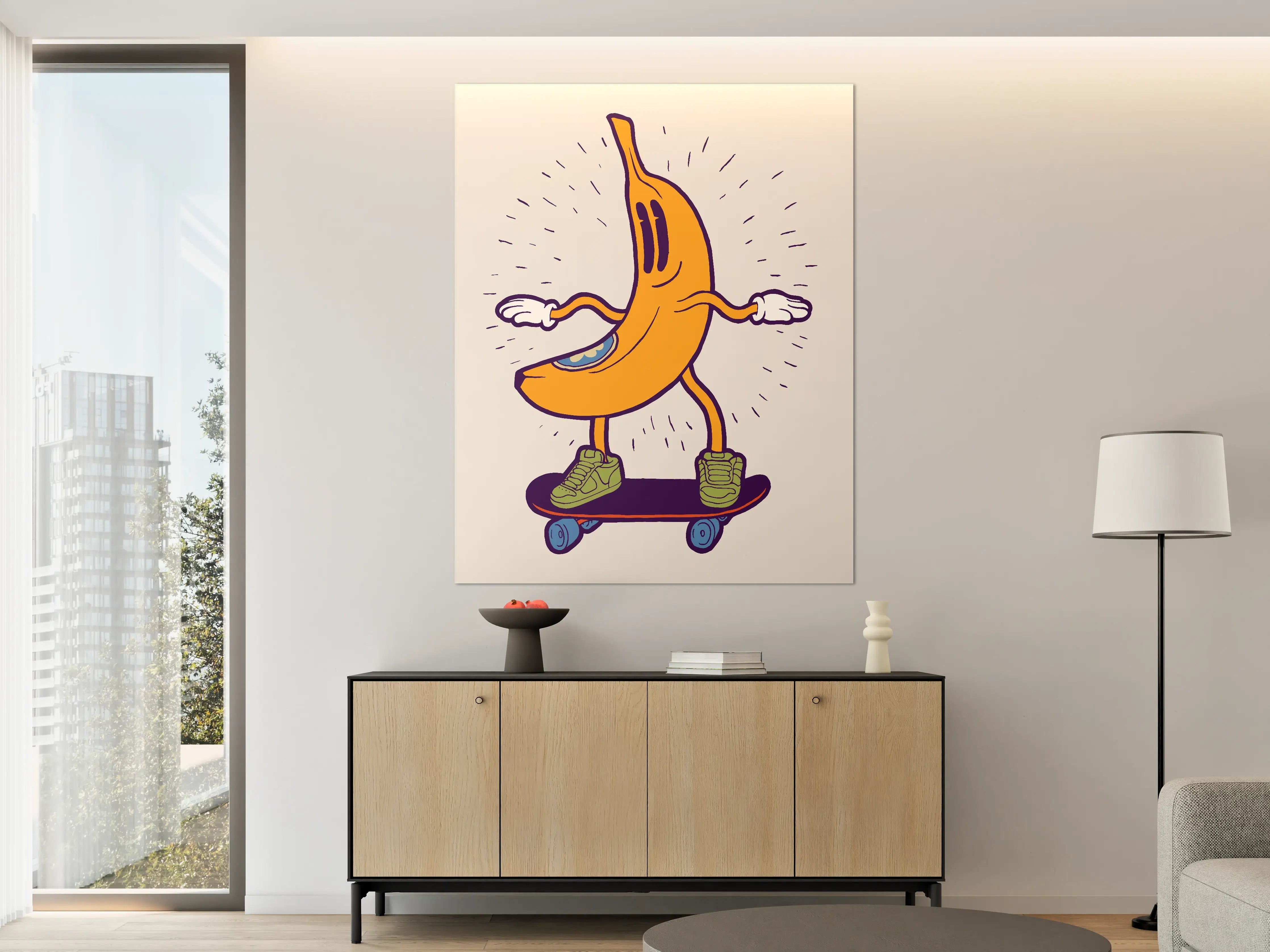 Große Wandbilder - Lustige Bananen-Comic-Illustration mit Skateboard