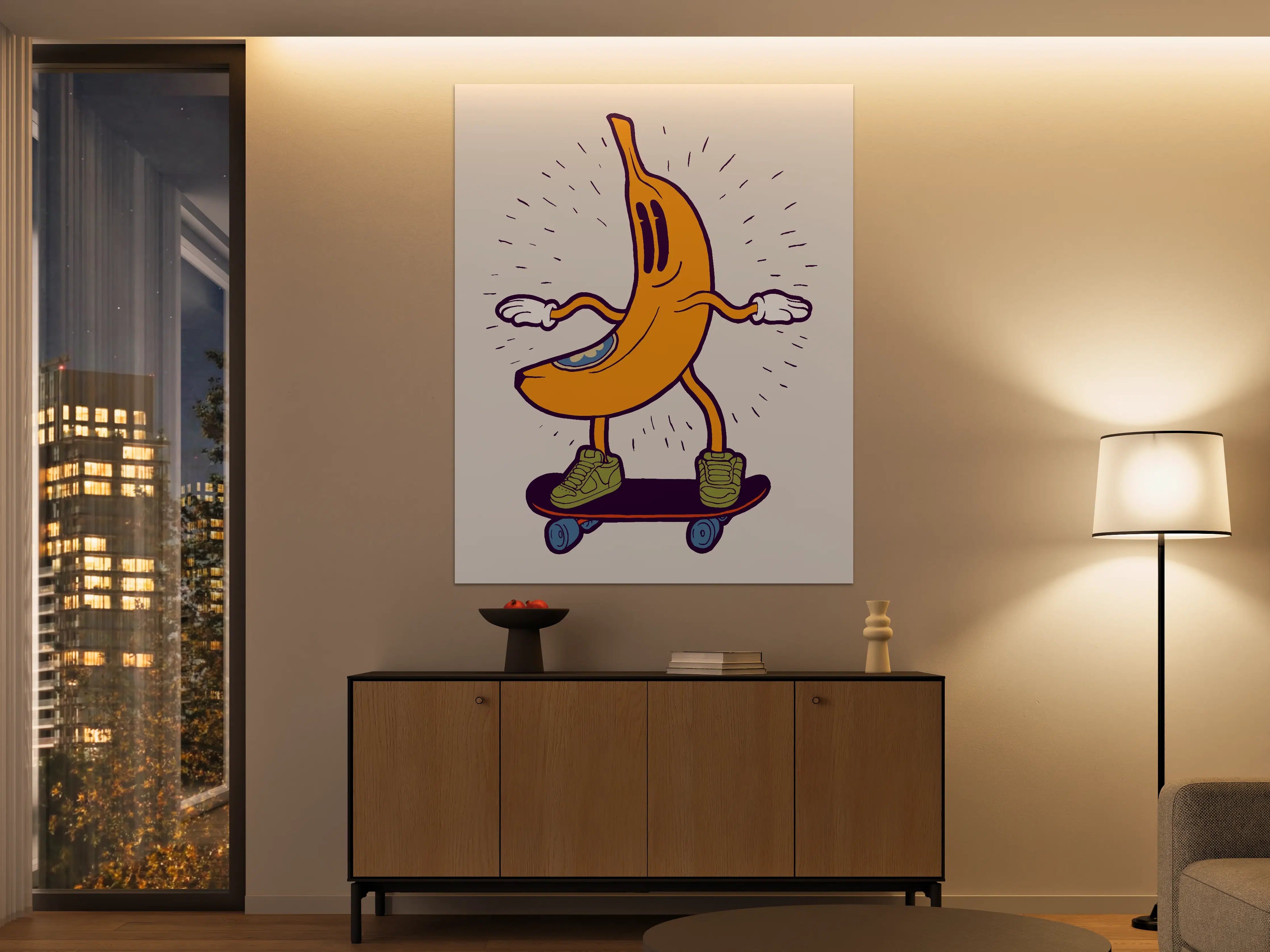 Große Wandbilder - Lustige Bananen-Comic-Illustration mit Skateboard