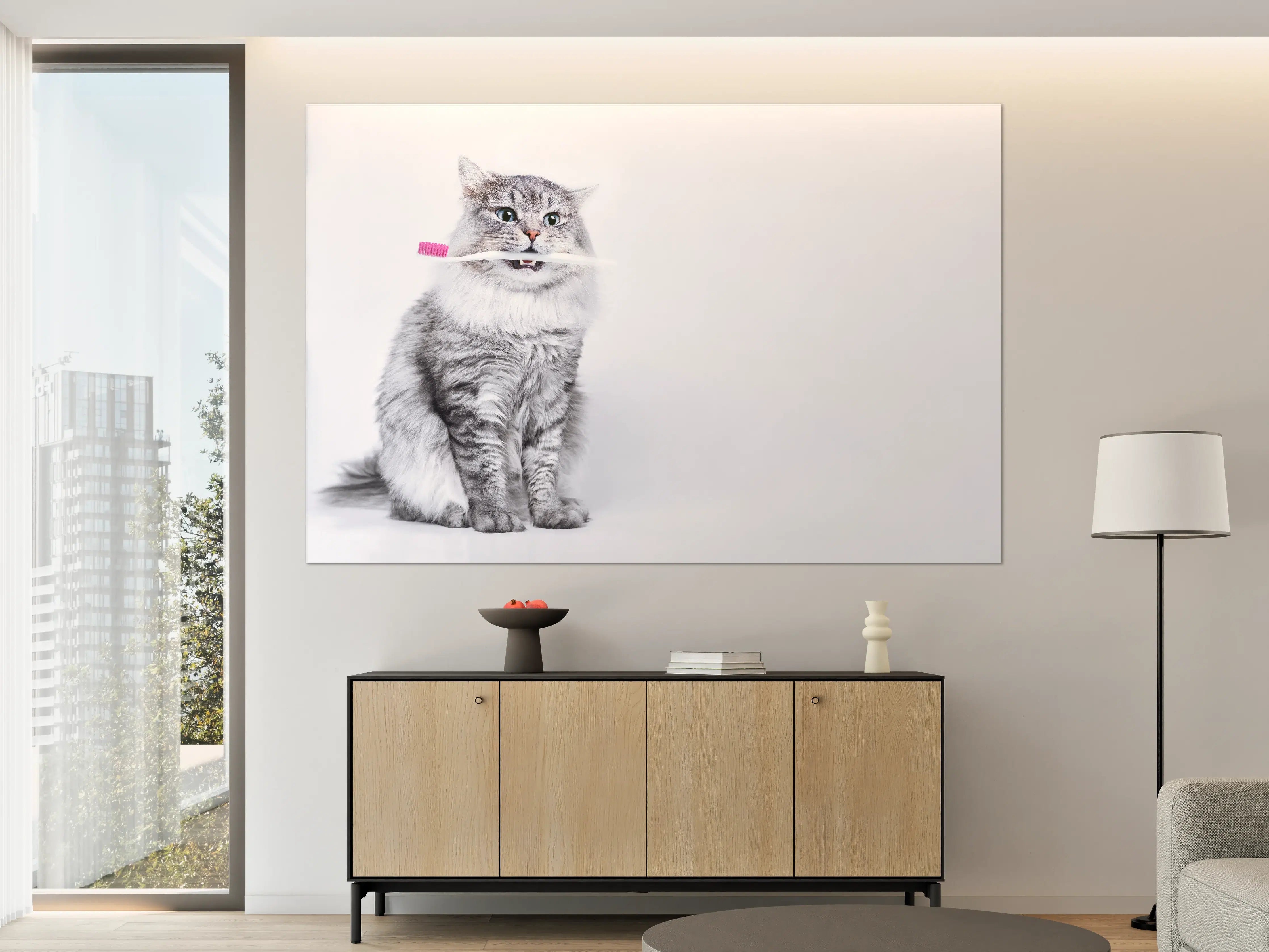 Große Wandbilder - Lustige Katze mit Zahnbürste