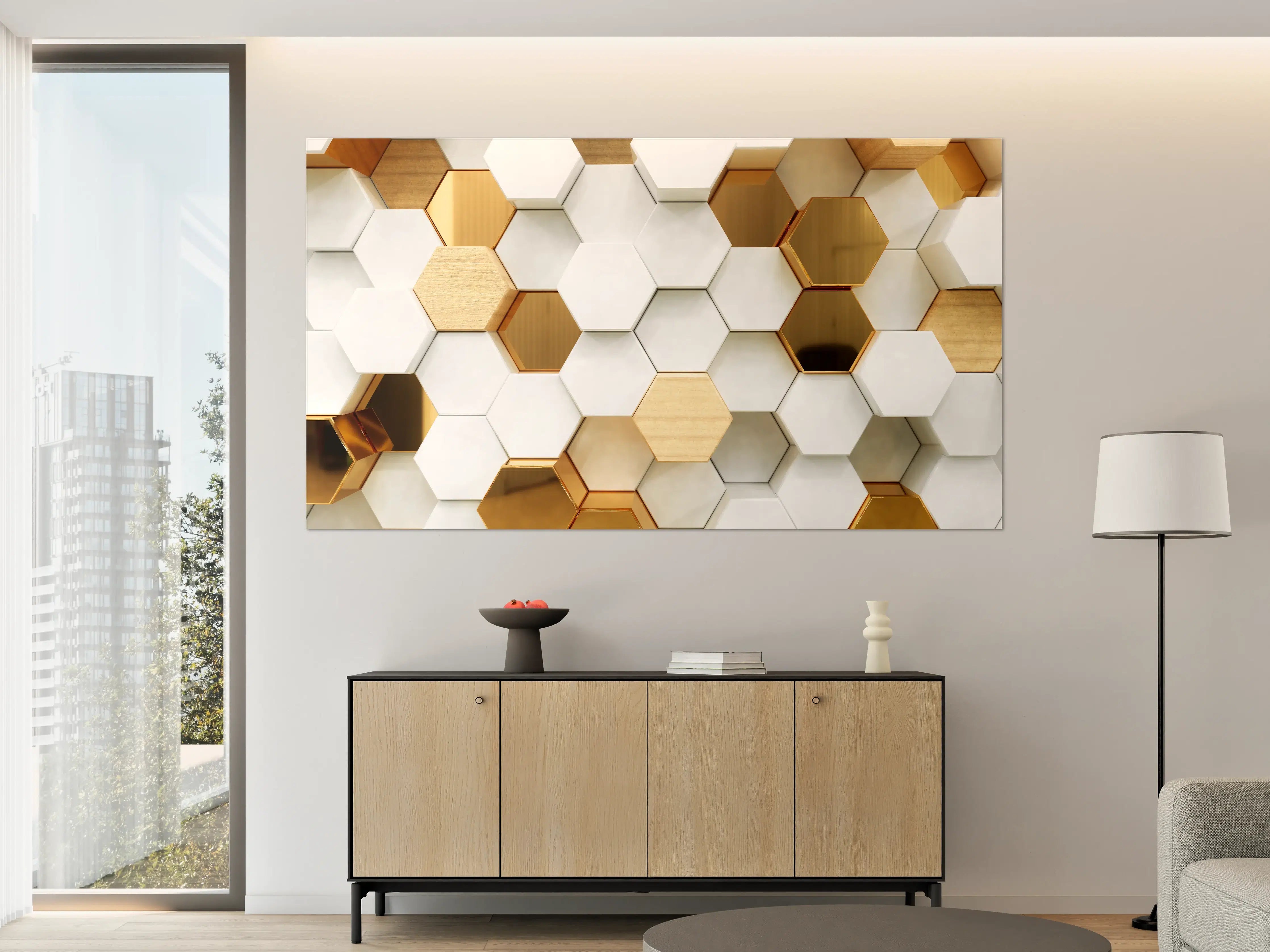Große Wandbilder - Luxuriöser Weiß-Gold-Hexagon-Hintergrund