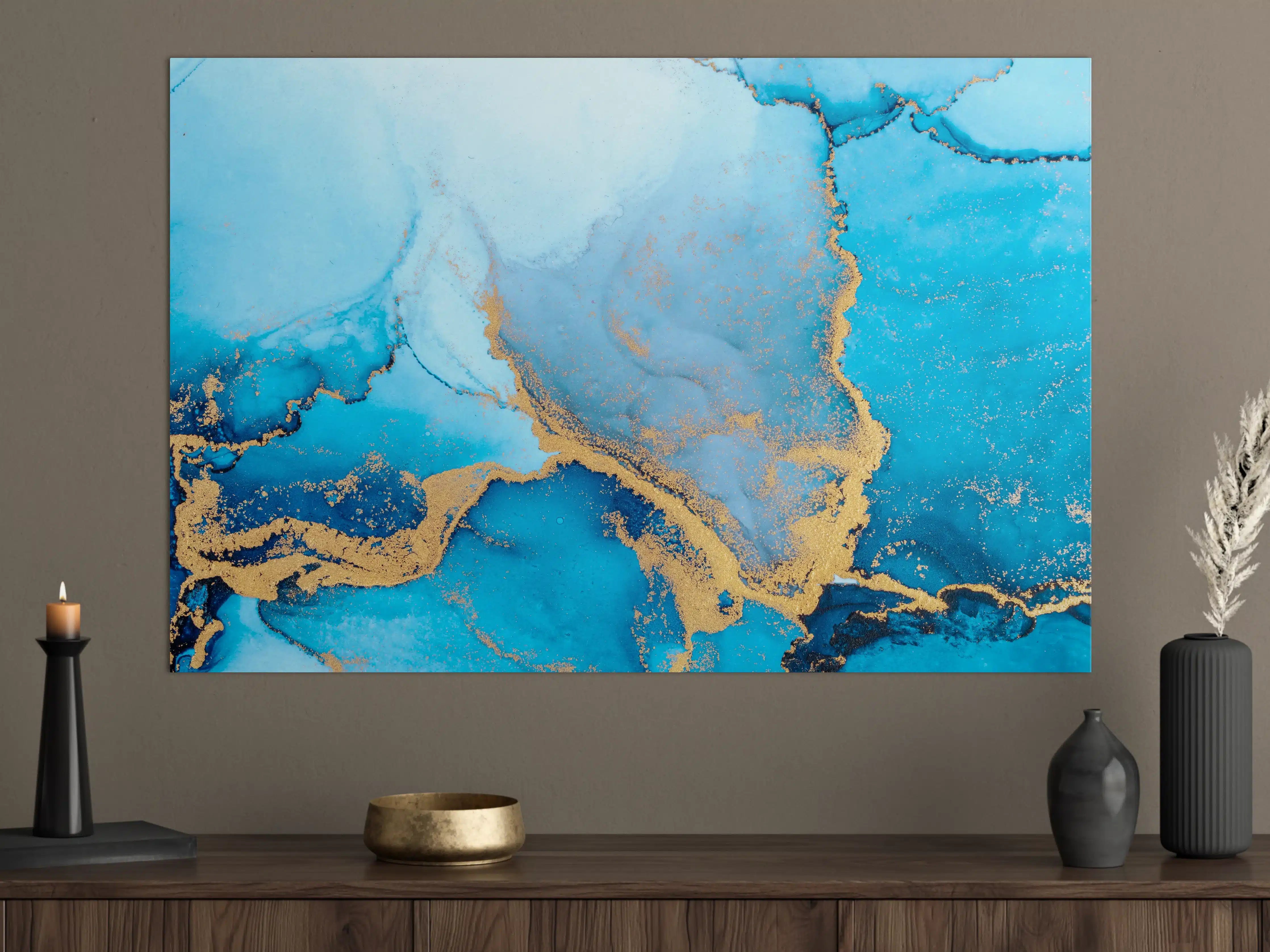 Große Wandbilder - Luxus blau mit goldenem Stich - Tintenmalerei