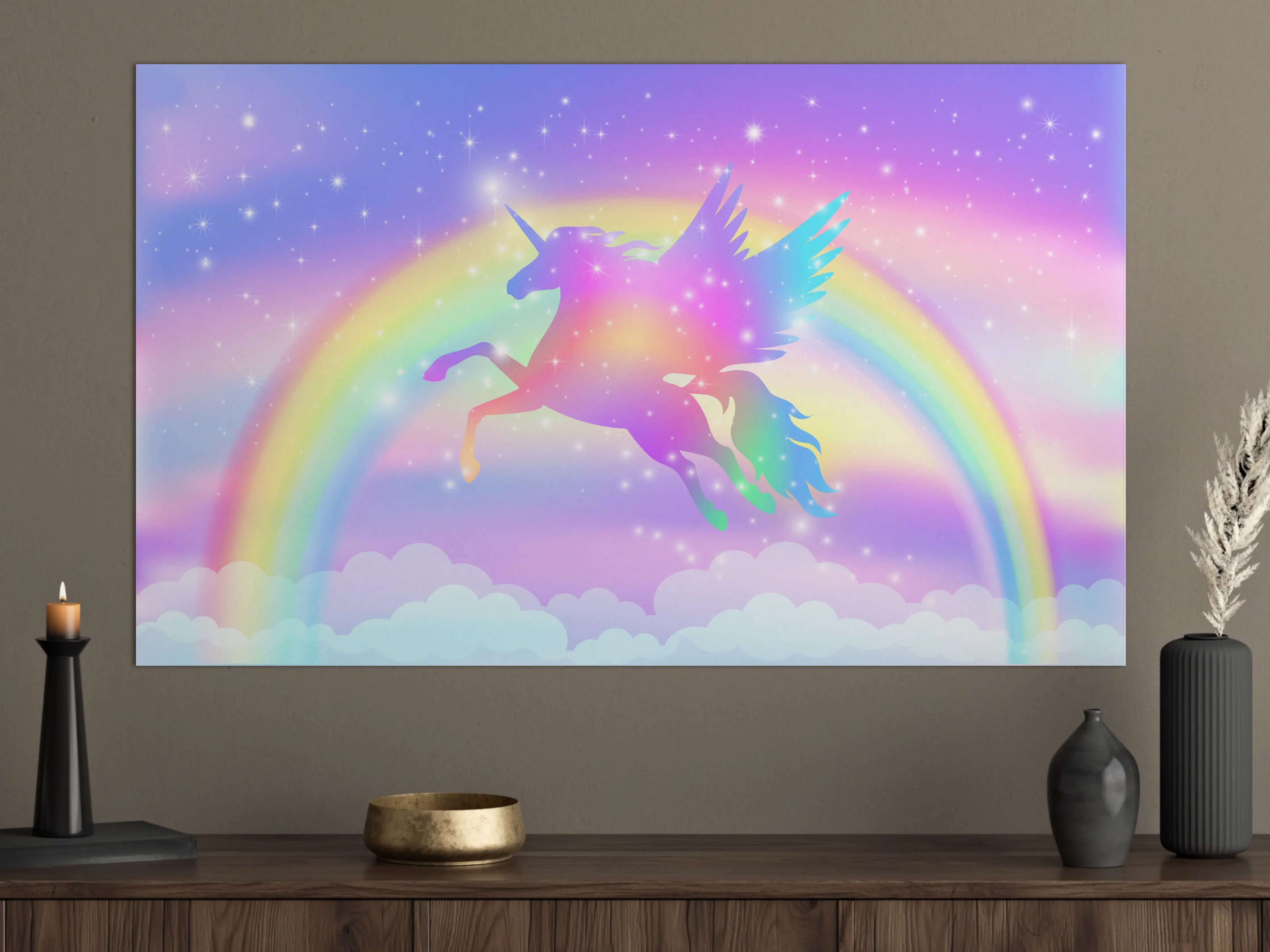Große Wandbilder - Magischer Regenbogen-Einhorn in Pastellfarben