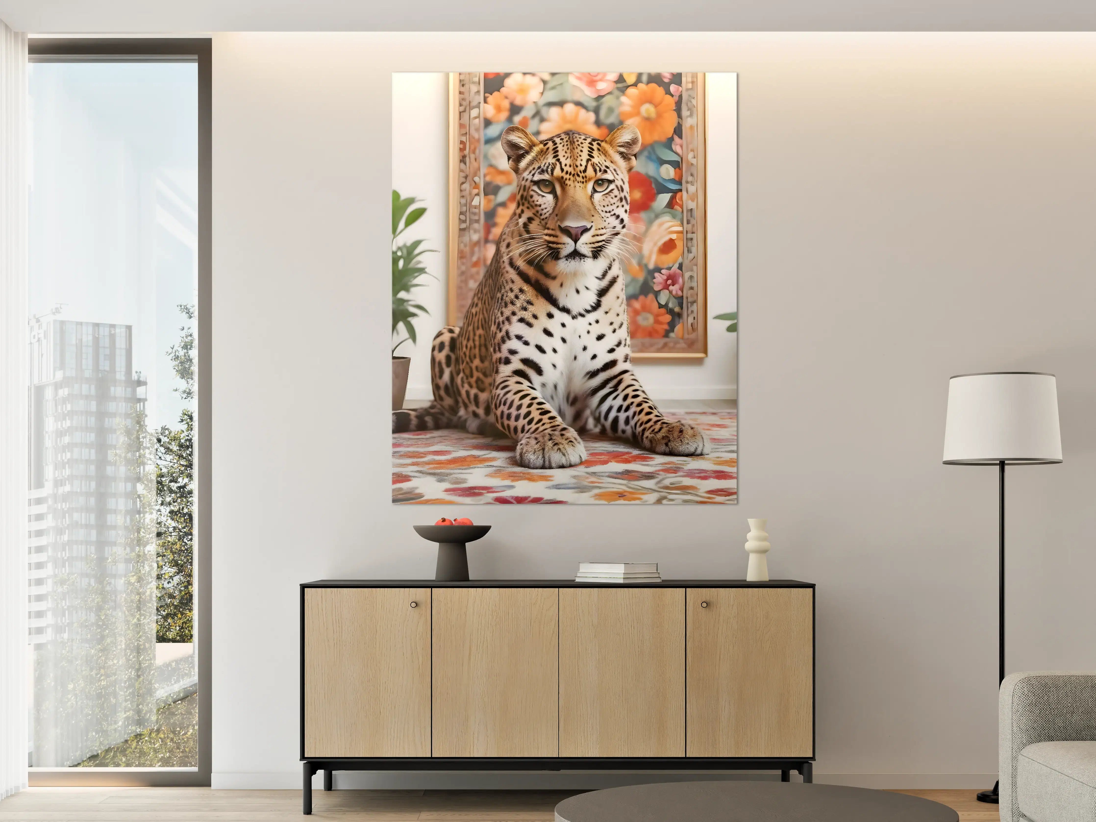 Große Wandbilder - Majestätischer Leopard vor bunter Blumenwand