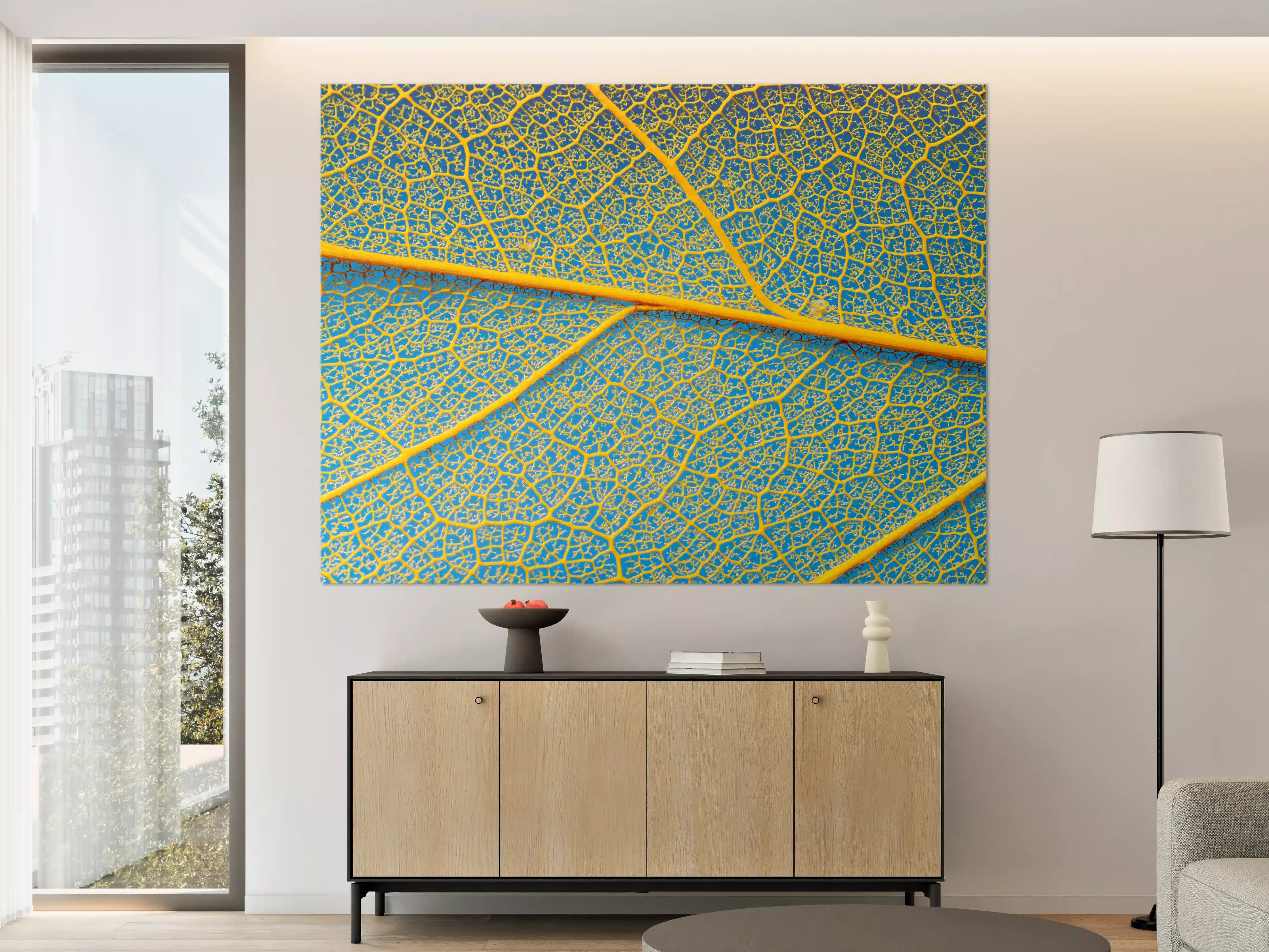 Große Wandbilder - Makro Blattadern Textur Gelb-Blau